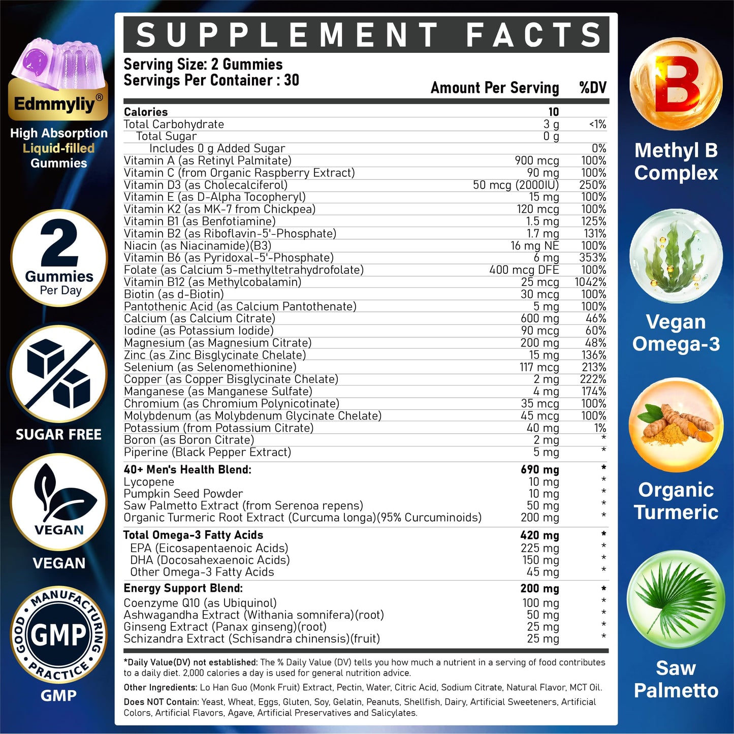 Edmmyliy Multivitamin Gummies for Men 40 Plus - Methylated Vitamins, 120 Gummies