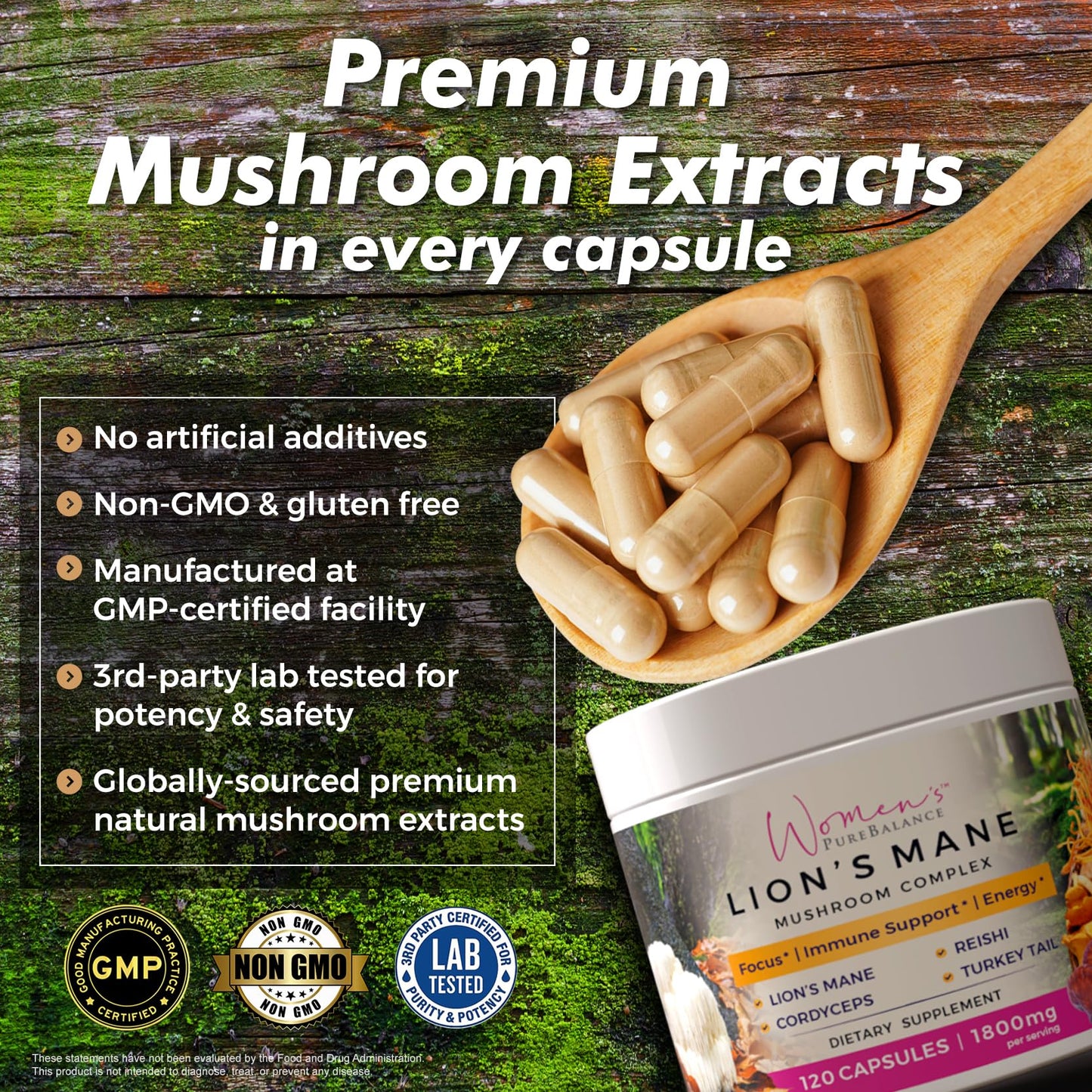 Women's PureBalance Lion's Mane Mushroom Supplement Capsules with Reishi, Cordyceps, Turkey Tail 120 Count