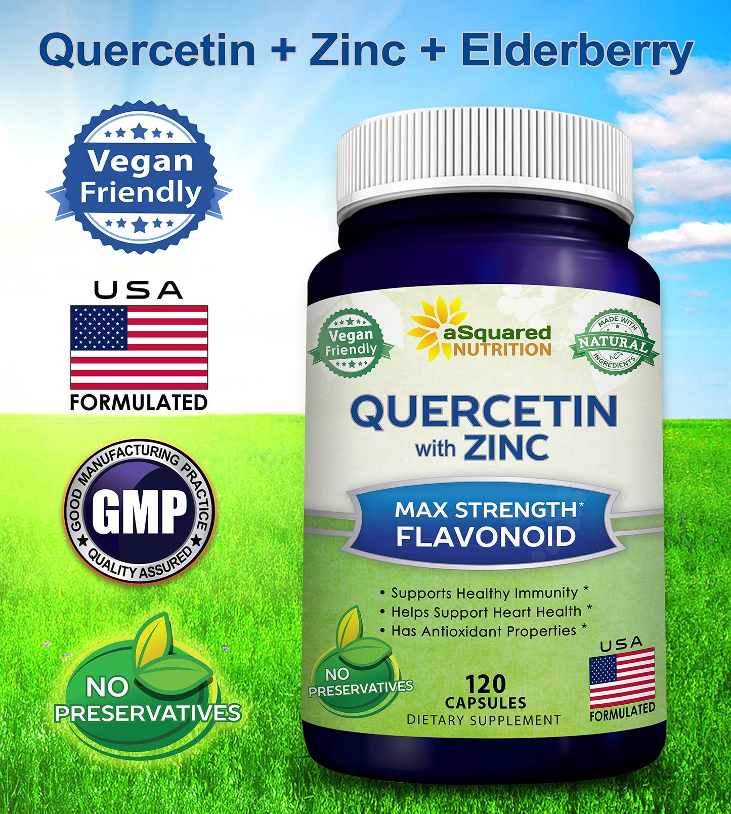 aSquared Nutrition Quercetin with Zinc Supplement - 1000mg Per Serving, 120 Capsules