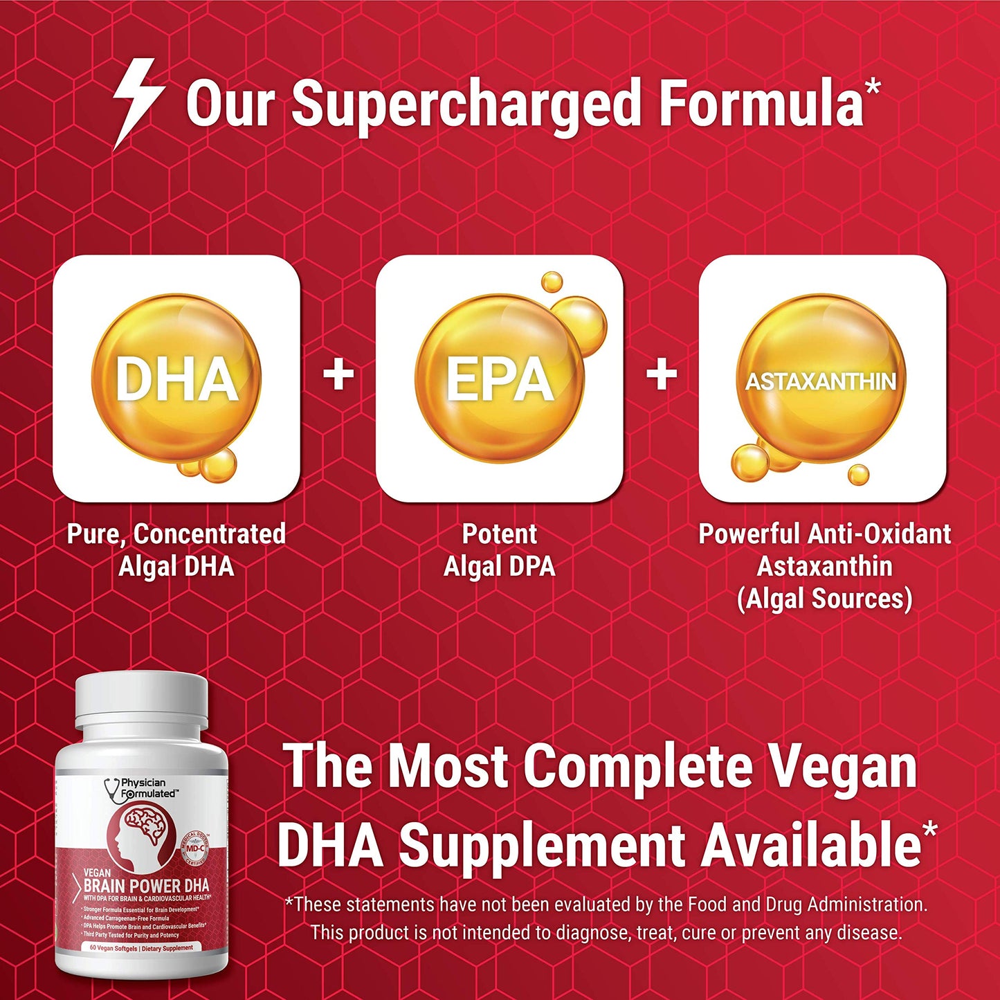 Physician Formulated Vegan DHA for Brain and Prenatal 100% Algae Based Omega 3 Essential Fatty Acids Softgel 60 Softgels