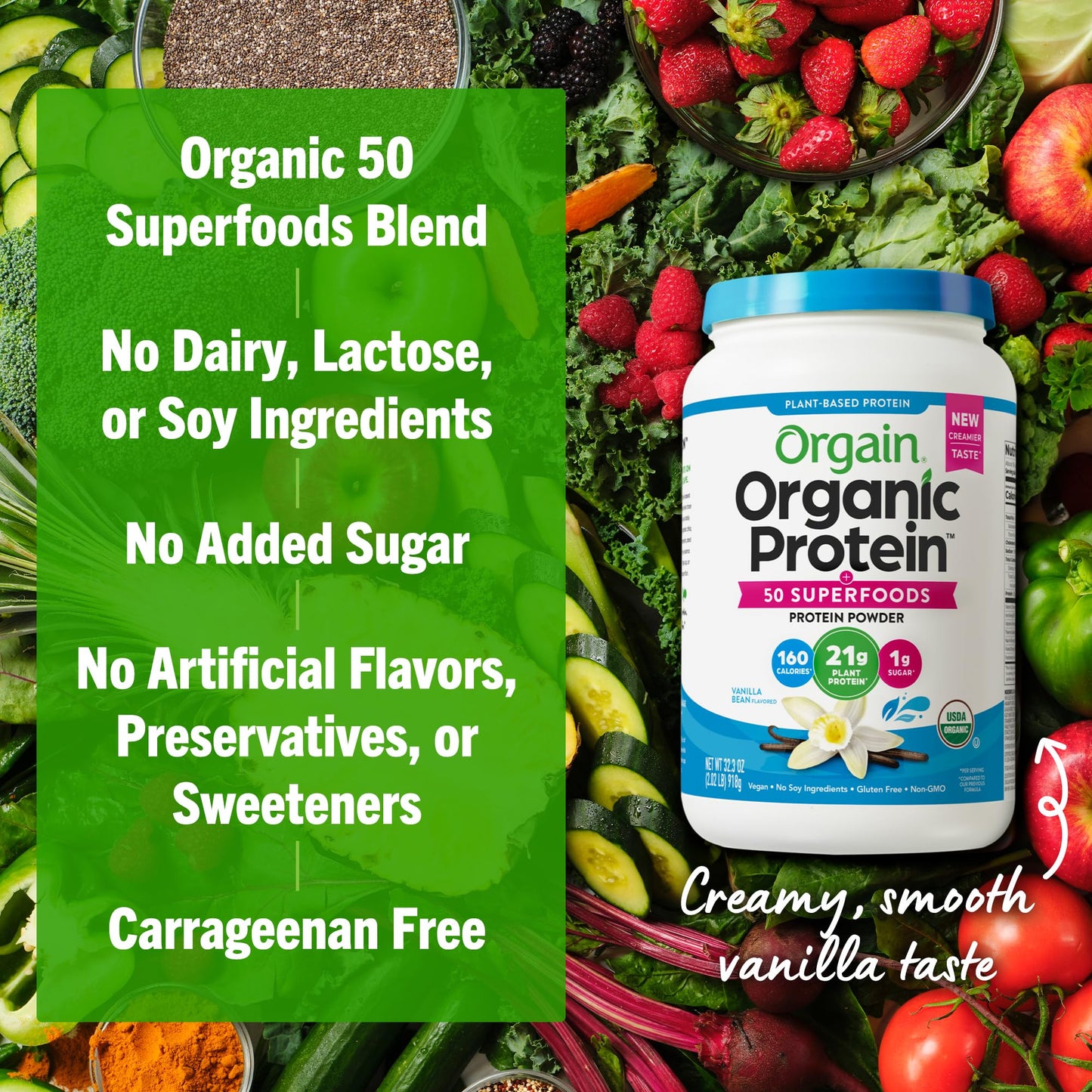 Orgain Organic Vegan Protein + Superfoods Powder Vanilla Bean, 32.32 oz