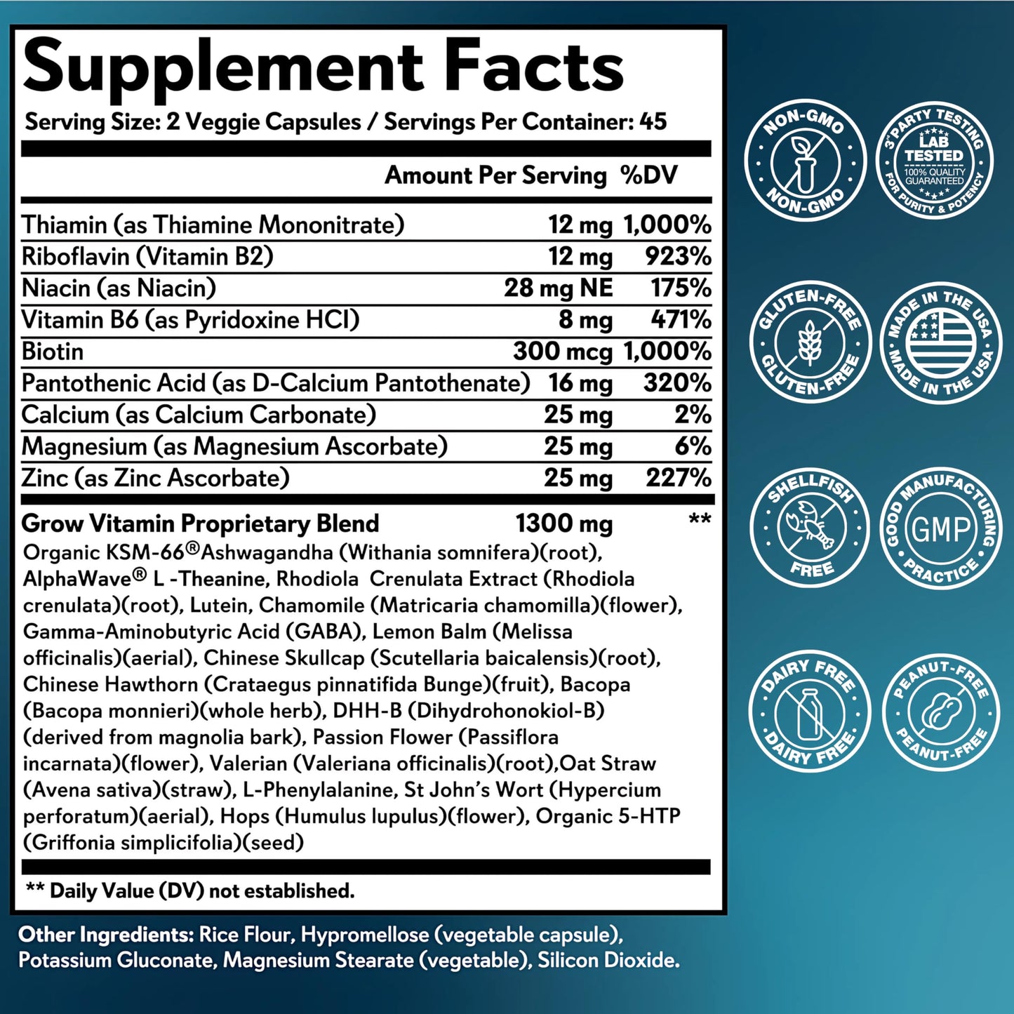Grow Vitamin Cortisol Support Organic KSM-66 Ashwagandha AlphaWave L-Theanine GABA Magnesium Capsules 90 Count