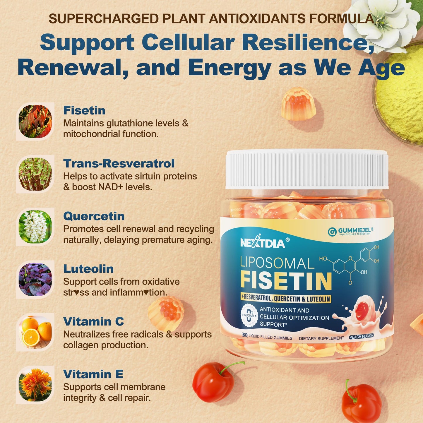 Nextdia Liposomal Fisetin 200mg & Resveratrol Complex 500mg Gummies, 60 Count