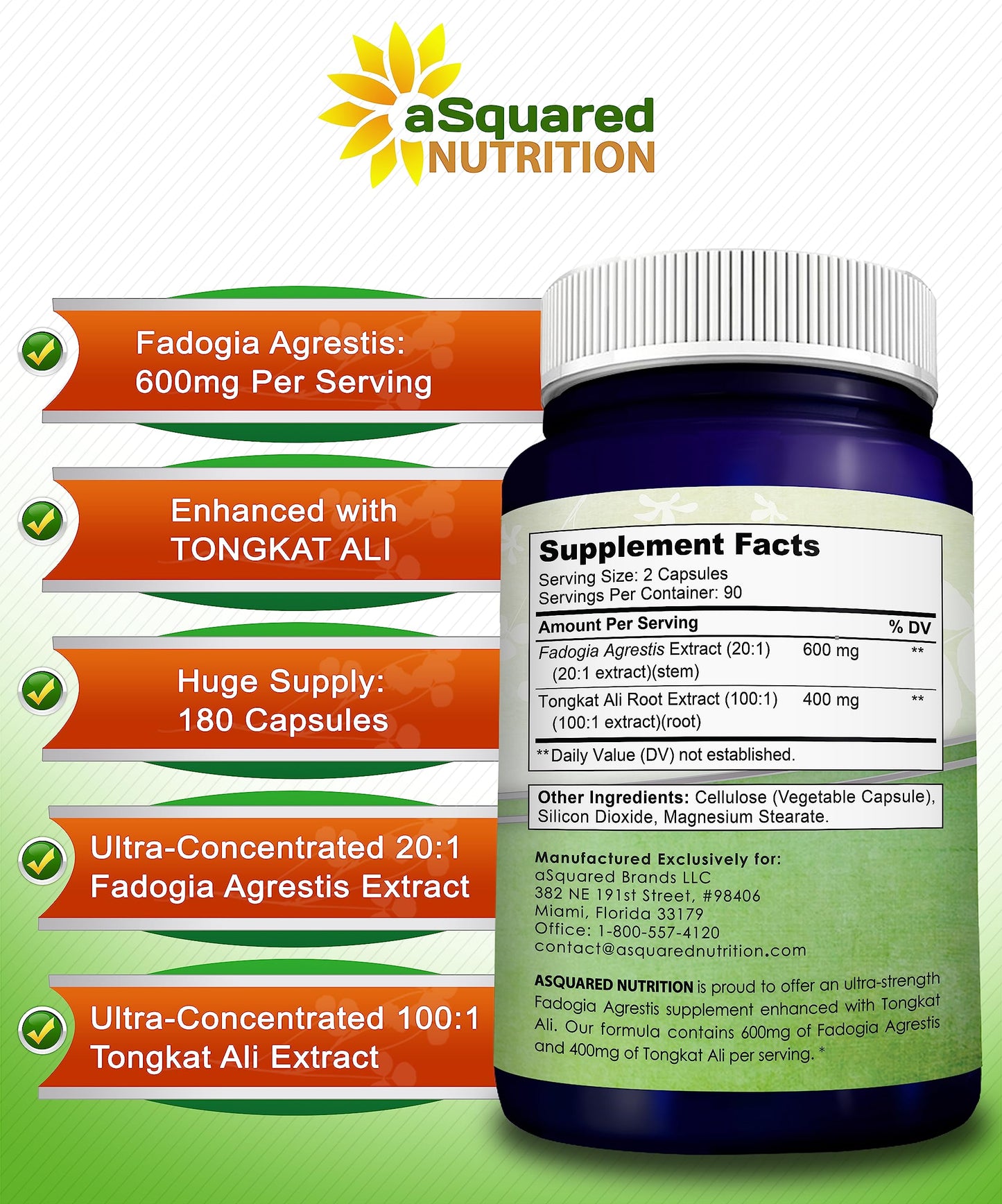 aSquared Nutrition Fadogia Agrestis 600mg and Tongkat Ali 400mg Capsules, 180 Count