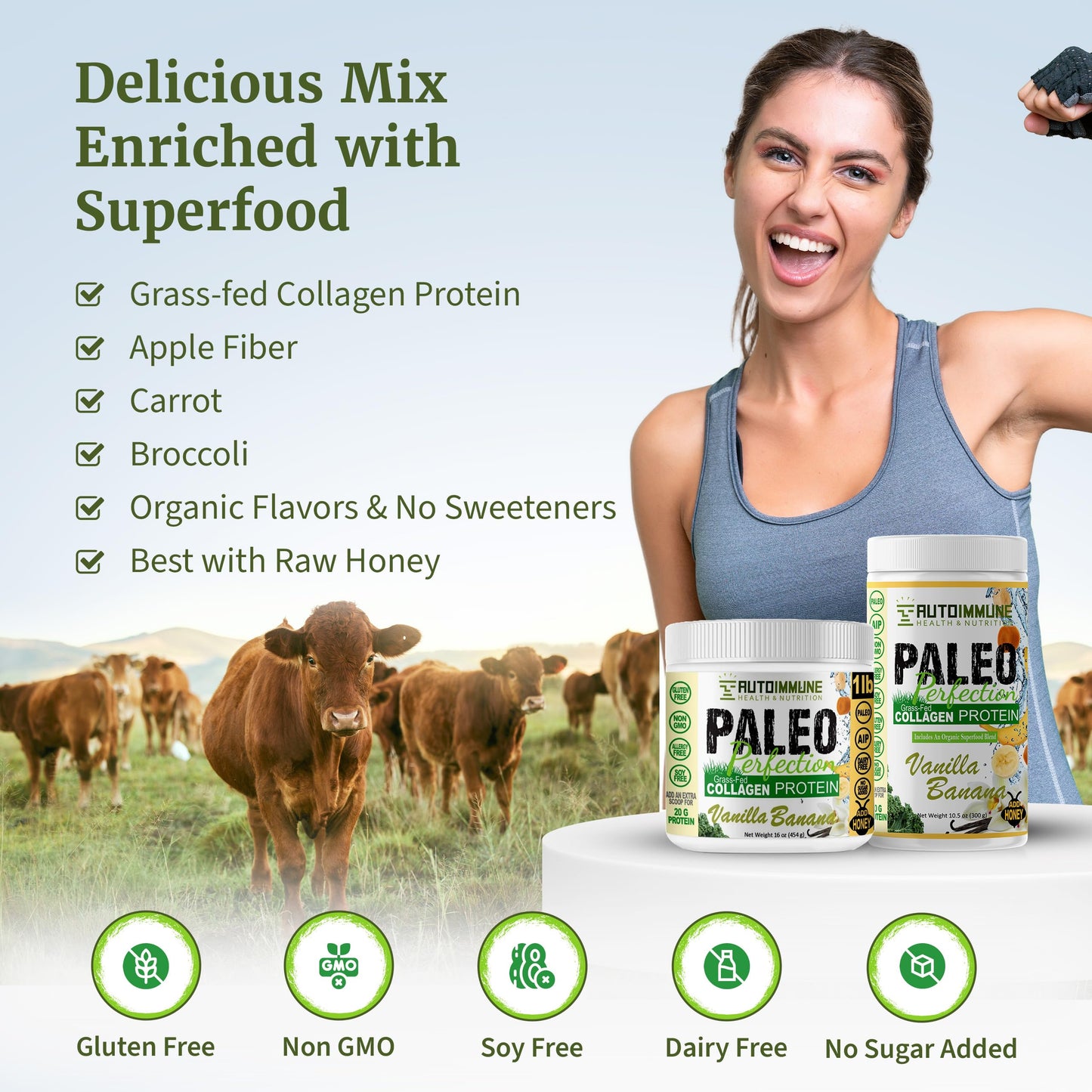 Autoimmune Health & Nutrition Paleo Perfection Vanilla Banana Grass Fed Beef Collagen Protein Powder, 16