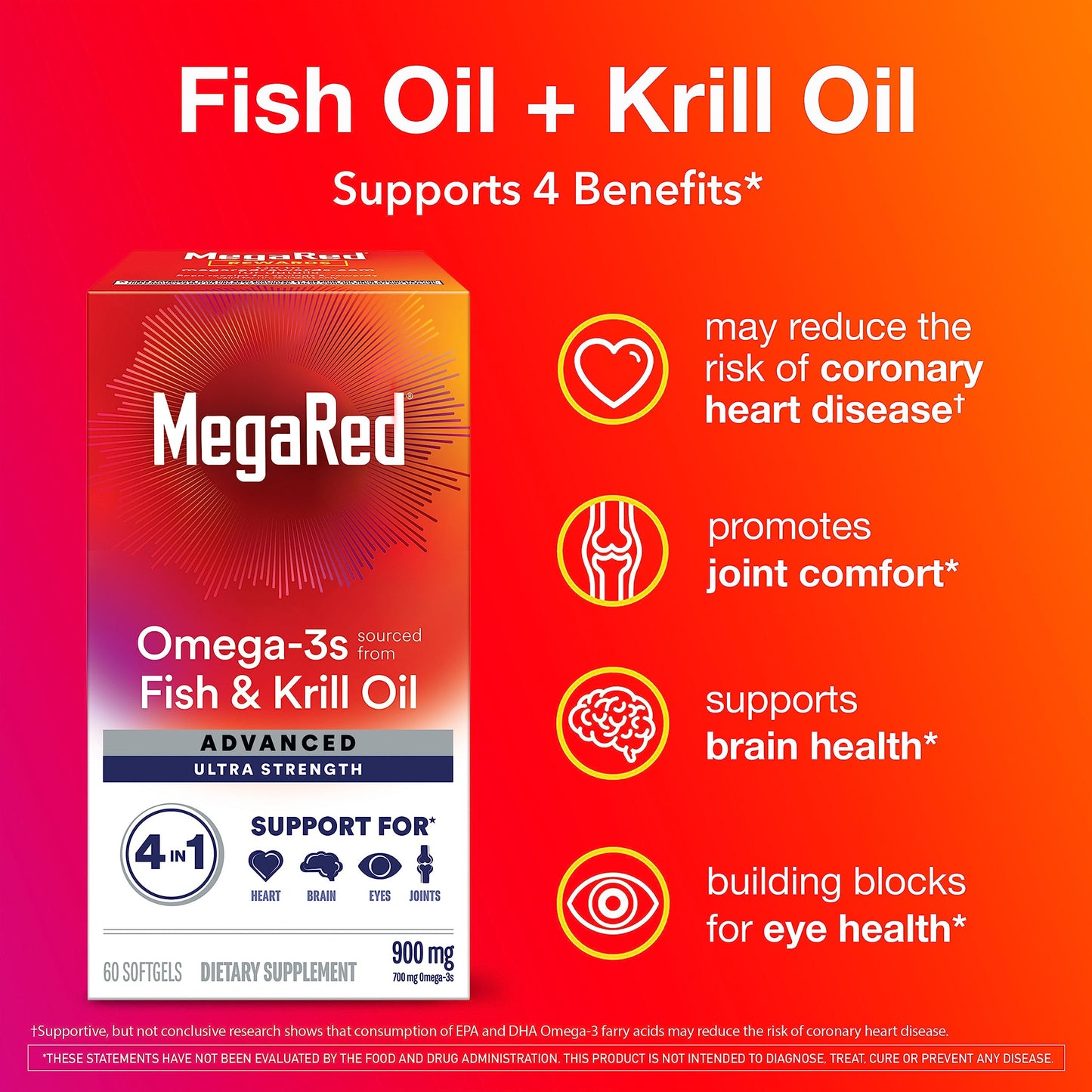 MegaRed Omega-3 Fish & Krill Oil Supplement 900mg Softgels, 60 Count