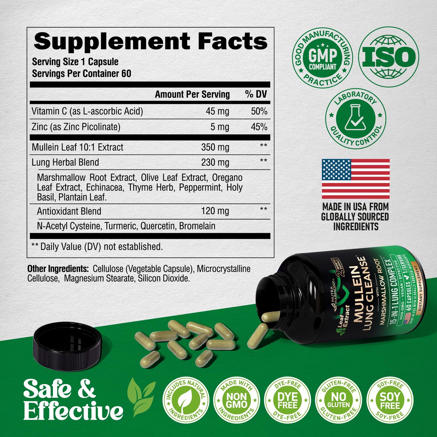 NUTRAHARMONY Mullein Lung Detox - Mullein Leaf 10:1 Extract, Marshmallow Root, Echinacea, Oregano, Quercetin, NAC - 15-in-1 Lung Support & Cleanse for Smokers, 60 Capsules