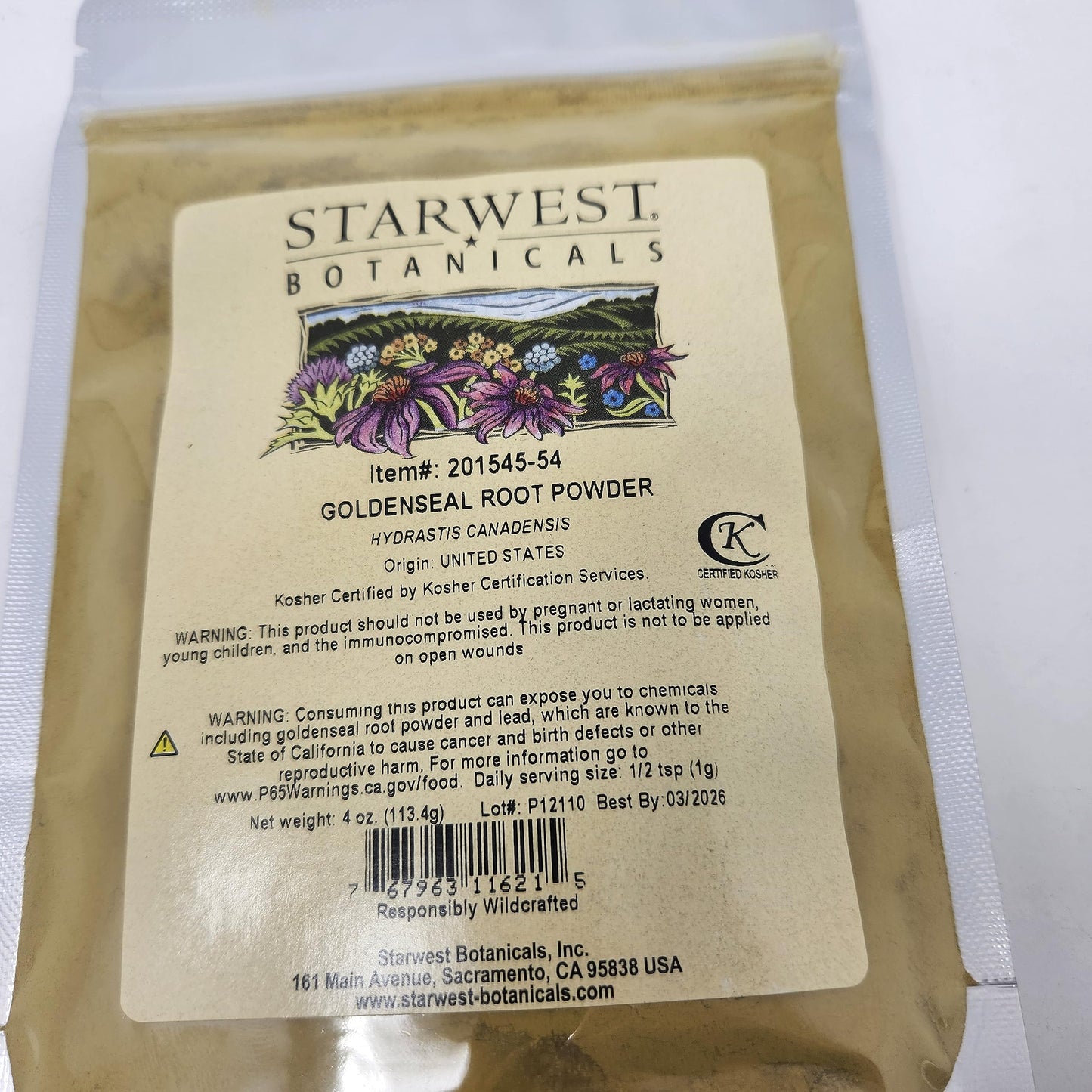 Starwest Botanicals Goldenseal Root Powder Wildcrafted, 4 oz
