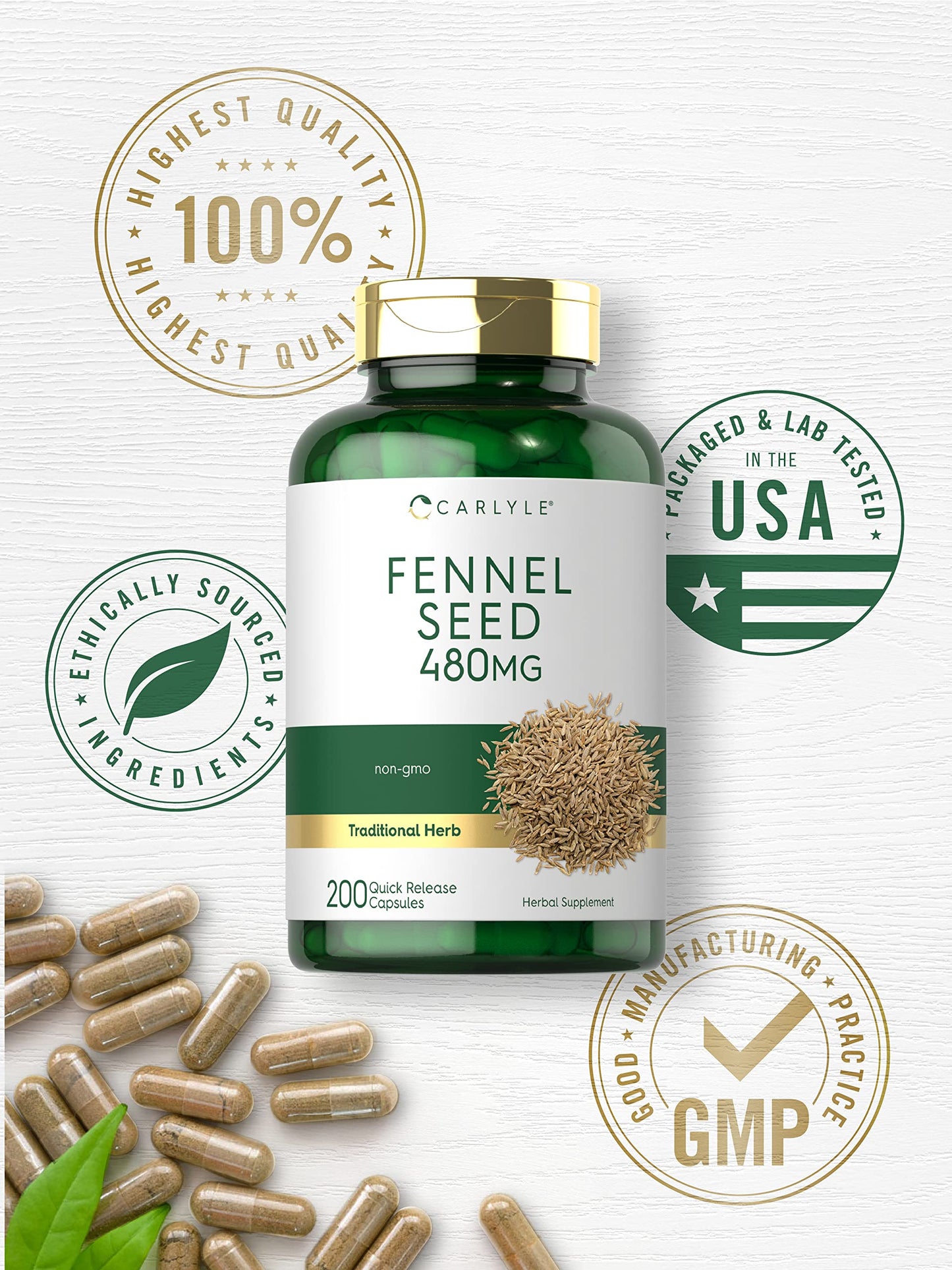 Carlyle Fennel Seed 480mg Capsules, 200 Count