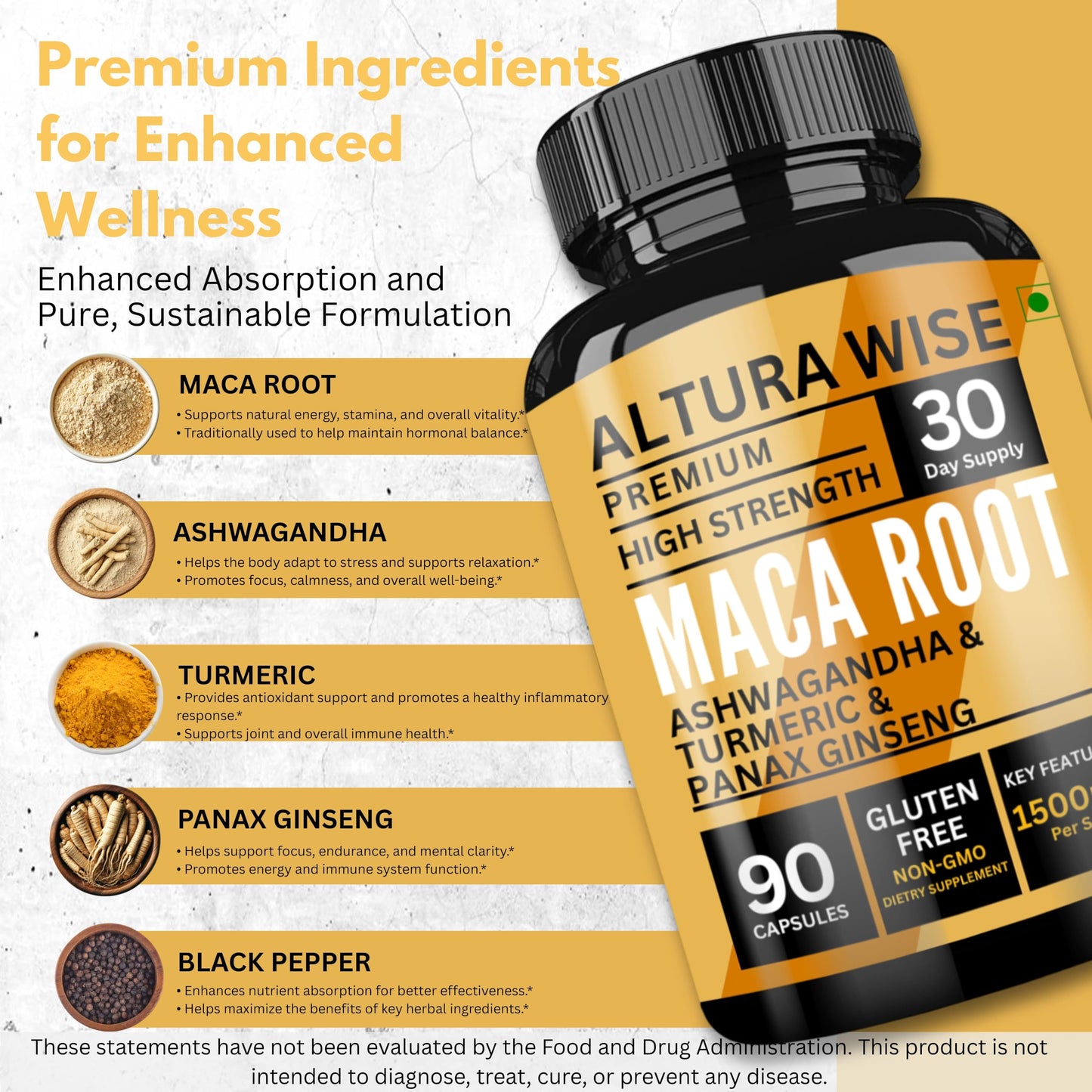 AlturaWise 5 in 1 Pure Maca Root Capsules for Men and Women with Ashwagandha & Panax Ginseng Extract, Black, Red & Yellow Maca, 90 Capsules