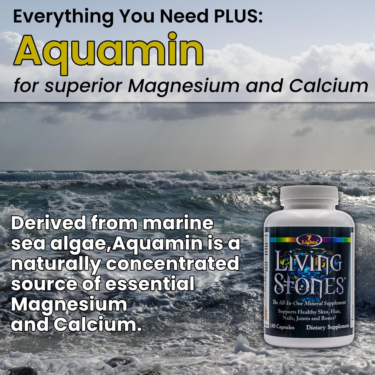 7 Lights Living Stones Complete Mineral Supplement with Zinc, Calcium, Magnesium, Selenium, Trace Minerals, No Added Iron, with MSM (Organic Sulfur) and Shilajit, Premium Absorption, 180 Capsules