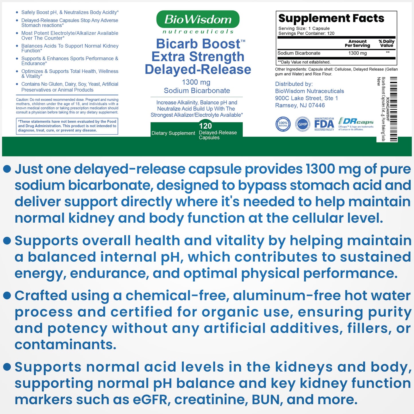BioWisdom Nutraceuticals Sodium Bicarbonate 1300mg Capsules, 120 Count