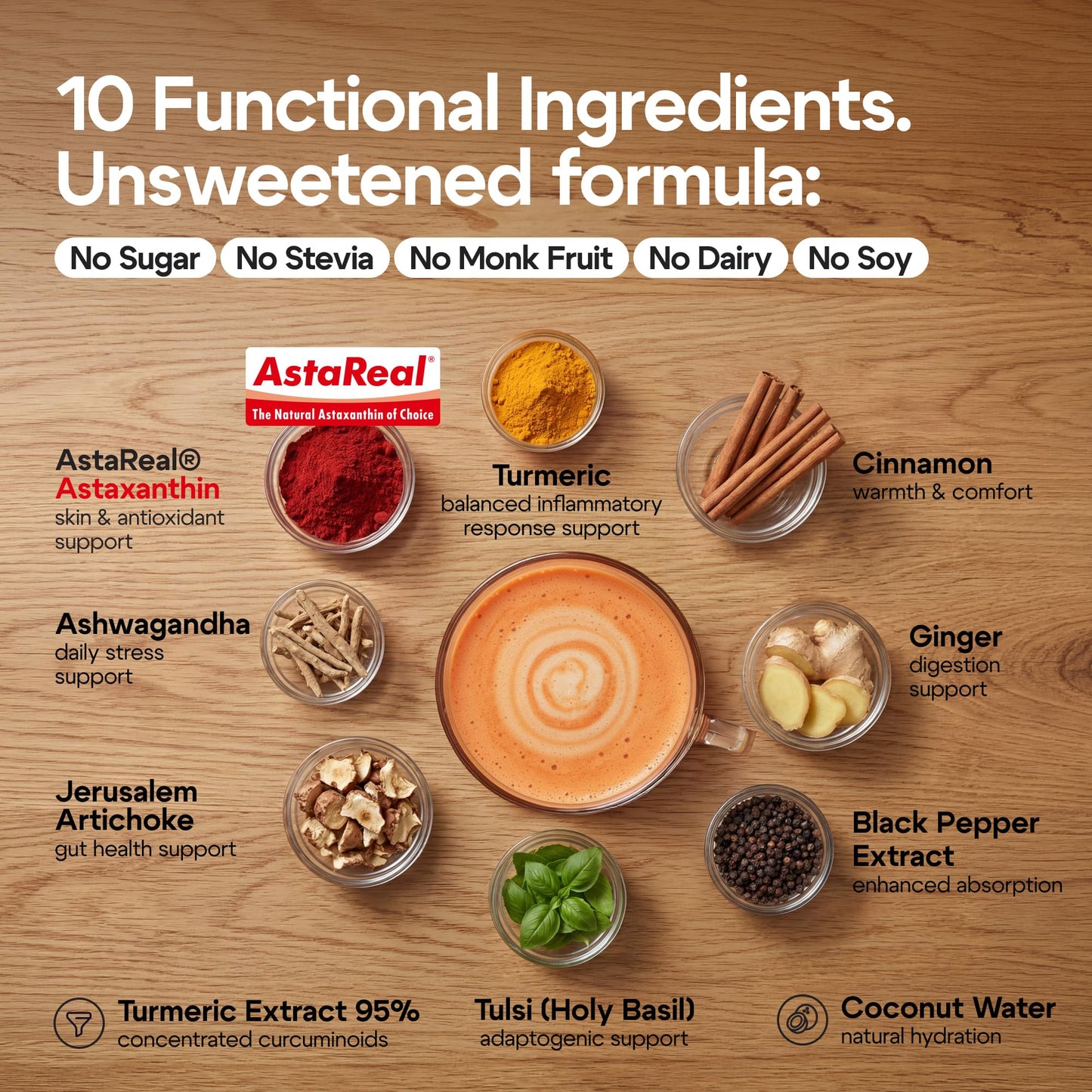 Teaveli Golden Milk Powder with Turmeric, Ginger, Curcumin, Cinnamon, KSM66 Ashwagandha, Tulsi & Natural Prebiotics– Unsweetened & Vegan Friendly with Astaxanthin Capsule 1
