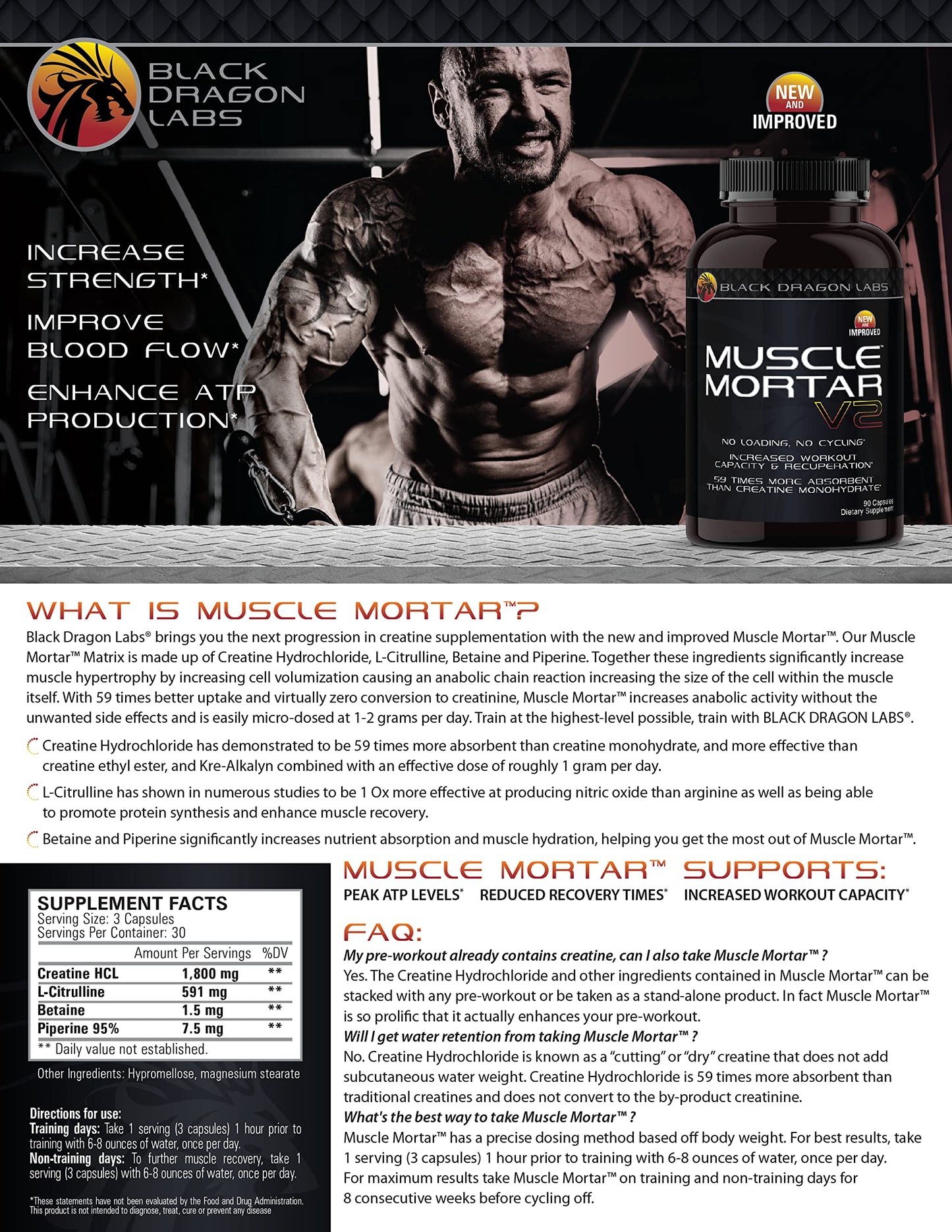 Black Dragon Labs Muscle Mortar Creatine HCL Capsules, 120 Count