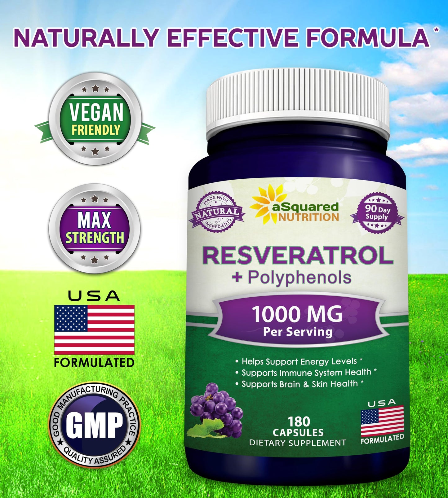 aSquared Nutrition Natural Resveratrol with Red Wine Extract Trans-Resveratrol Antioxidant Supplement Capsules, 180 Count