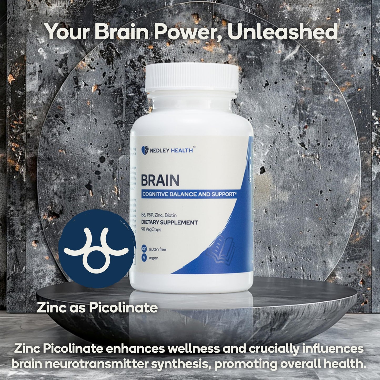 Nedley Health Brain - Balanced Neurotransmitter Support Supplement - Zinc, B6, Biotin for Cognitive Function, 90 Veggie Capsules