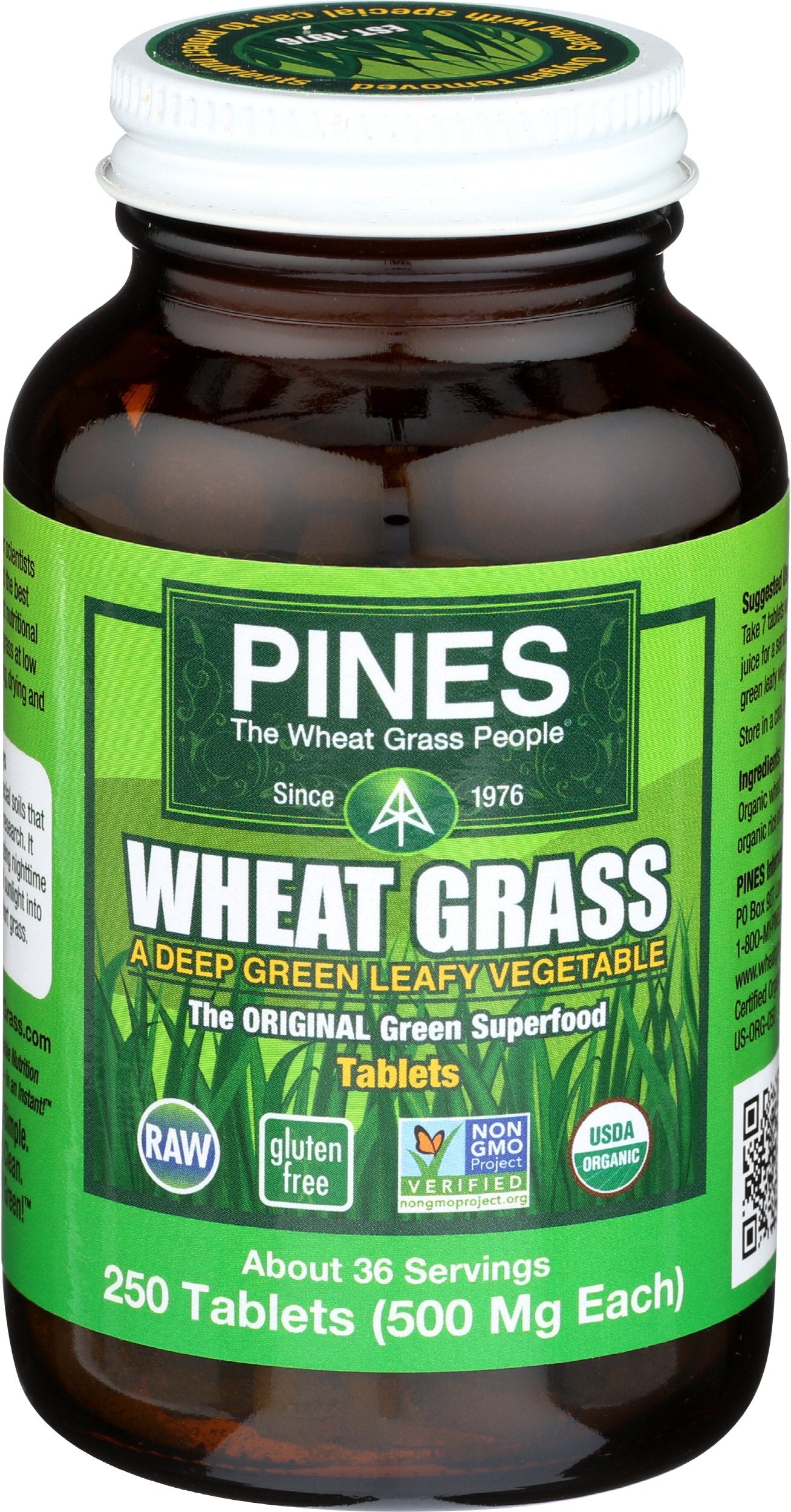Pines Organic Wheat Grass Tablets, 250 Count