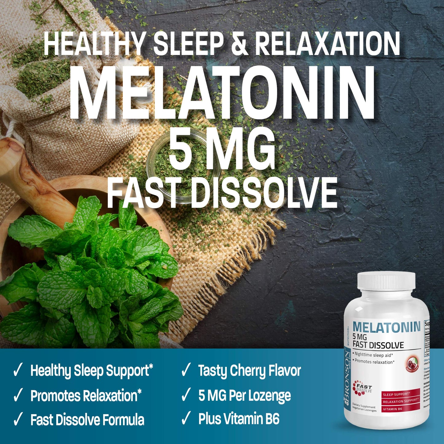 Bronson Melatonin 5mg Fast Dissolve Cherry Flavor Tablets with Vitamin B6, Nighttime Sleep Aid, 360 Tablets