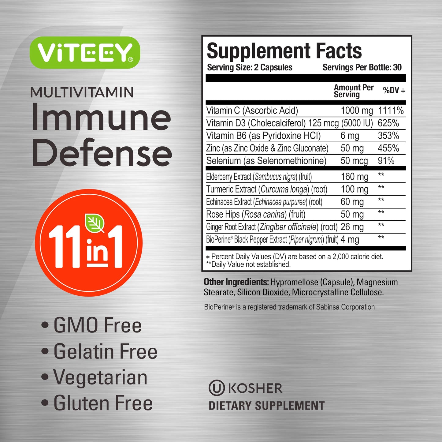 Viteey 11 in 1 Immune Support Supplement - Immune Defense with Vitamin D3, B6, Echinacea, Turmeric, Rose-HIPS, Selenium, BioPerine, Ginger, Elderberry Vitamin C and Zinc Capsules, 120