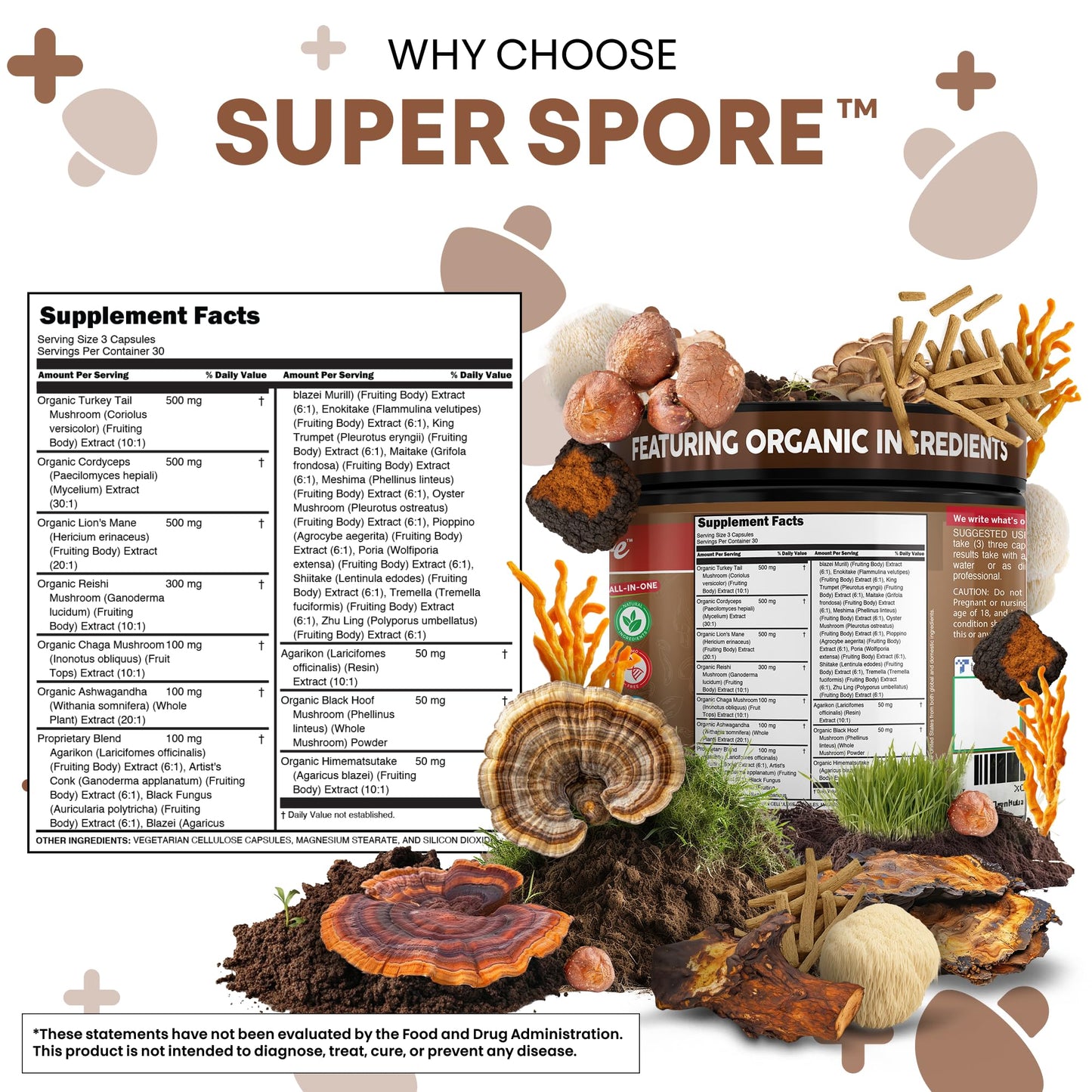 Clean Nutraceuticals Organic Turkey Tail Mushroom Supplement Capsules, 90 Count
