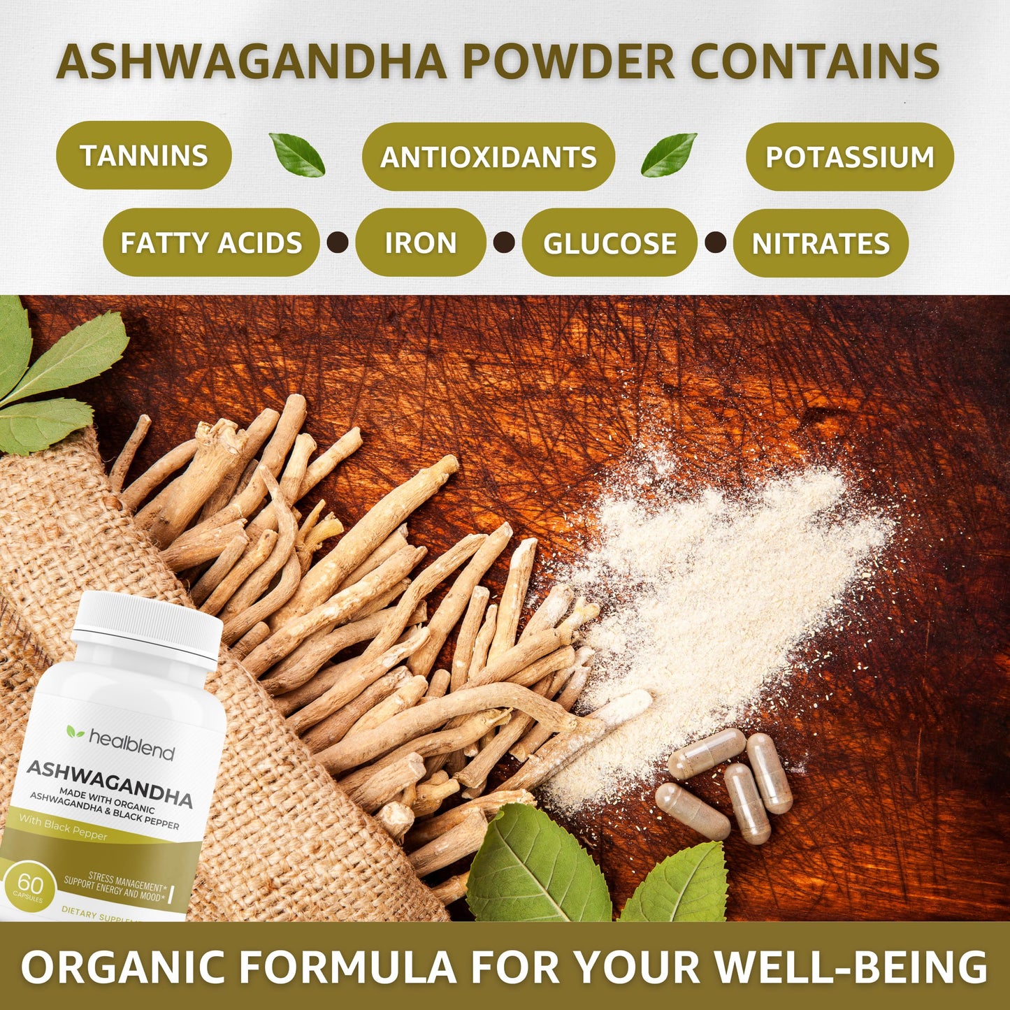 healblend Organic Ashwagandha 1300mg with Black Pepper Extract Capsules, 60 Count