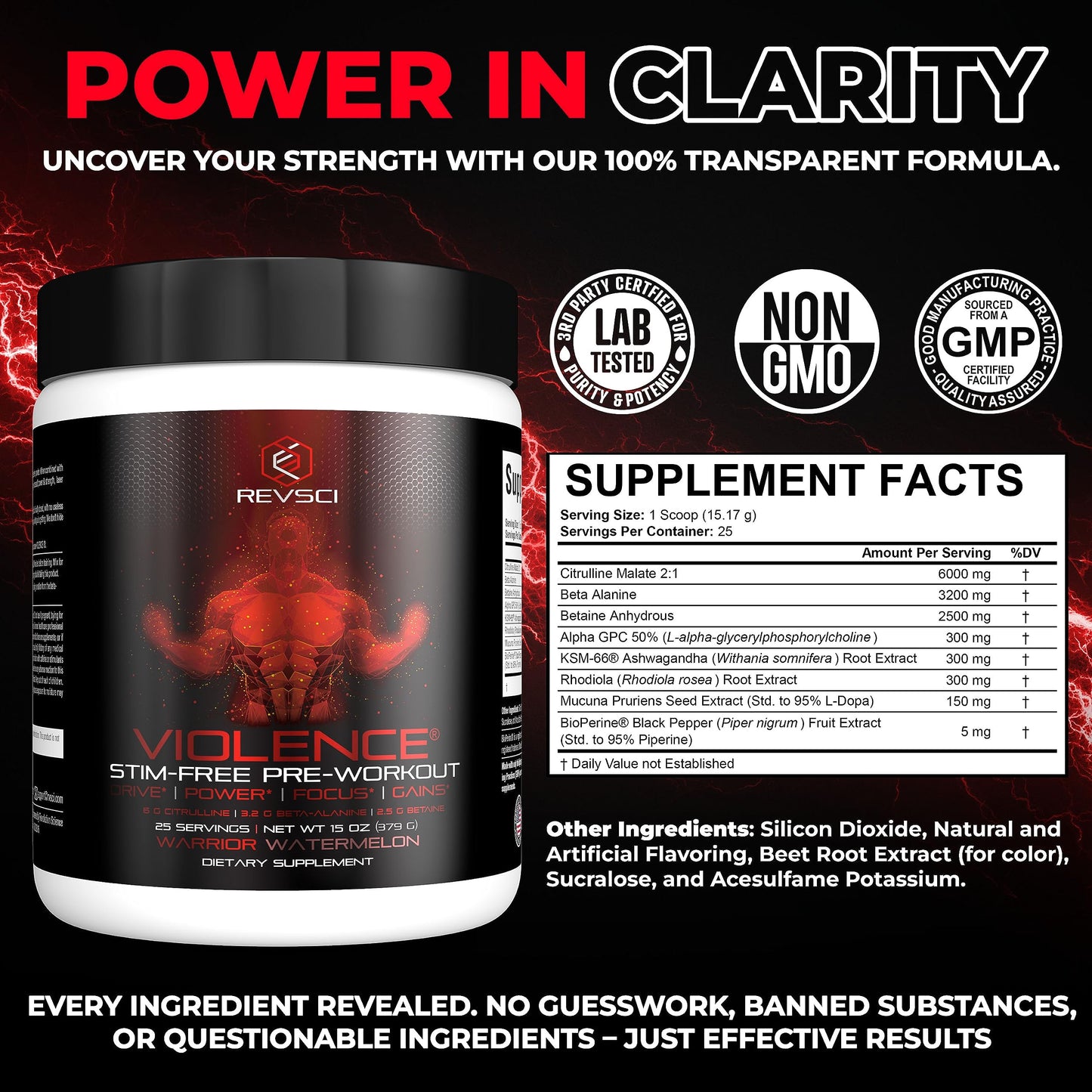 Revolution Science Violence Stim Free Pre Workout Powder Clinically Dosed Powder 15 Servings
