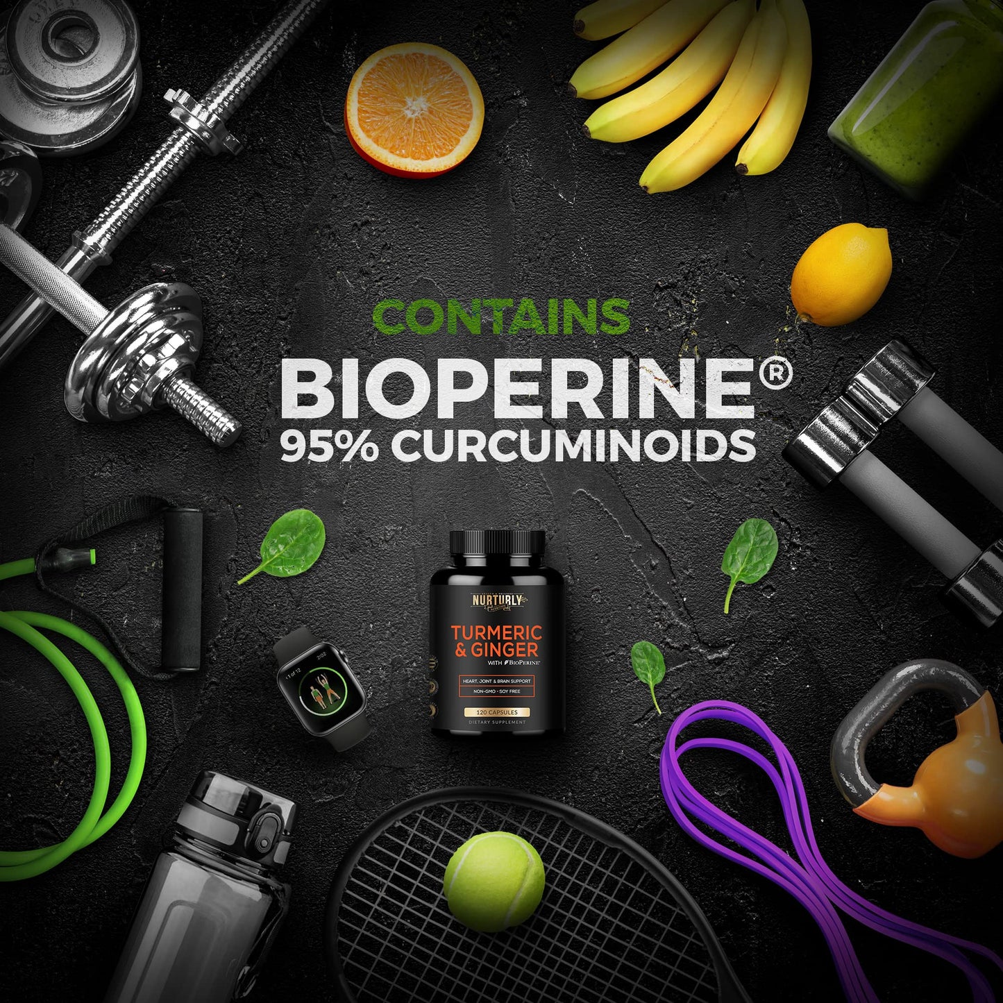 NURTURLY Turmeric Curcumin with BioPerine & Ginger - High Absorption Turmeric Supplement, 120 Capsules