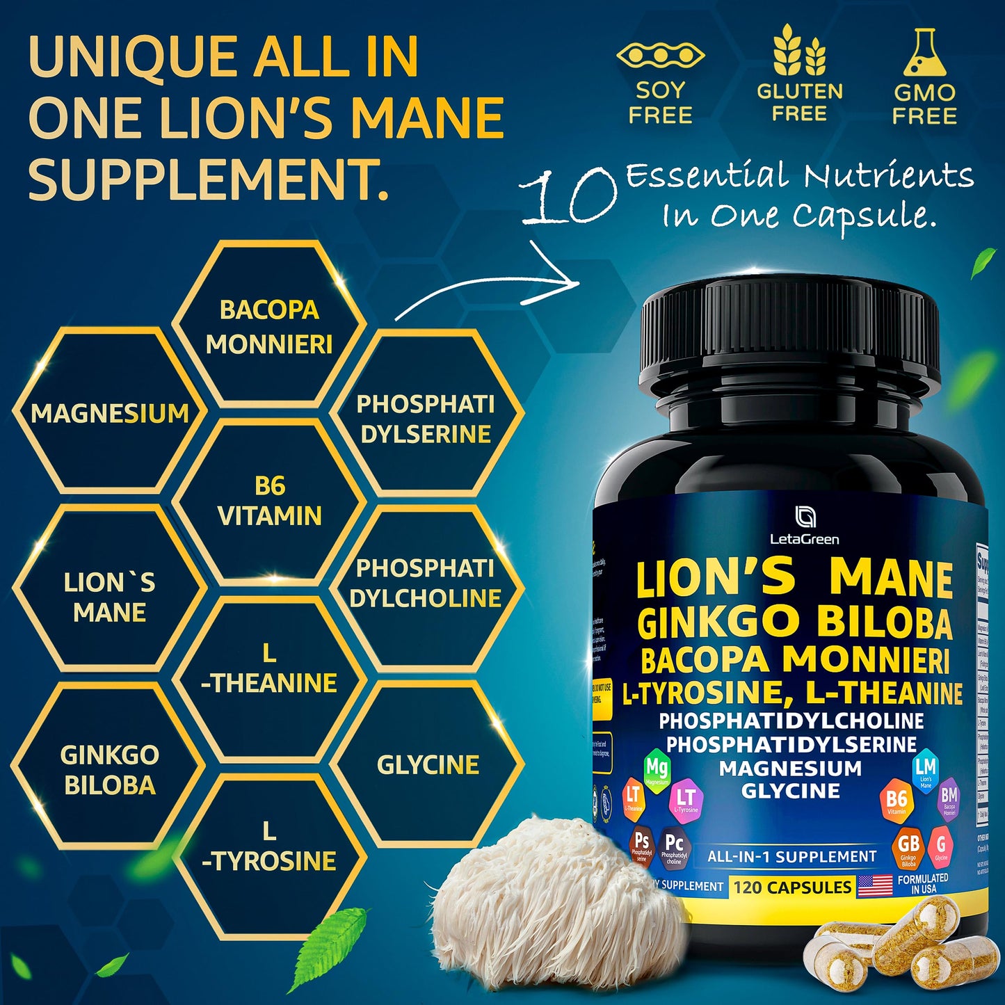 LetaGreen Organic Lions Mane Capsules, 120 Count