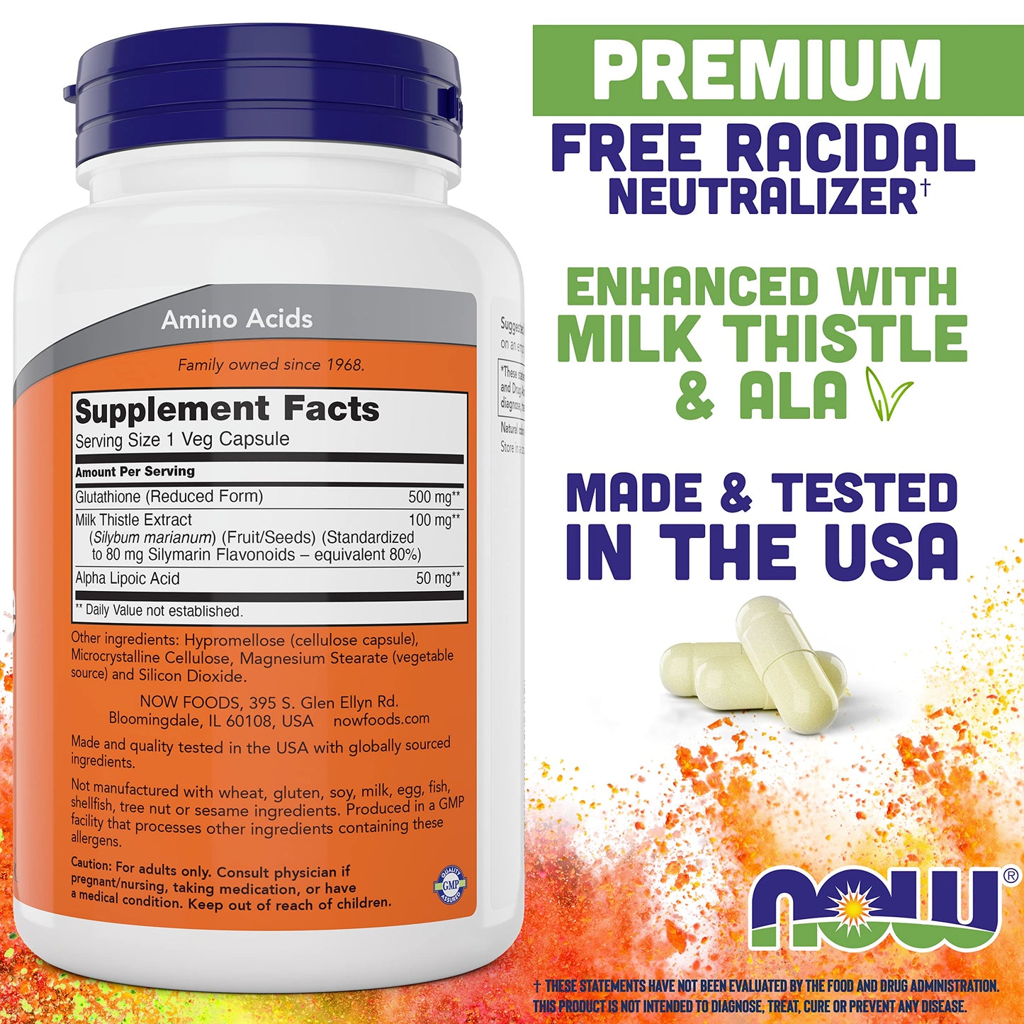 NOW Foods Glutathione 500 mg Capsules, 200 Capsules