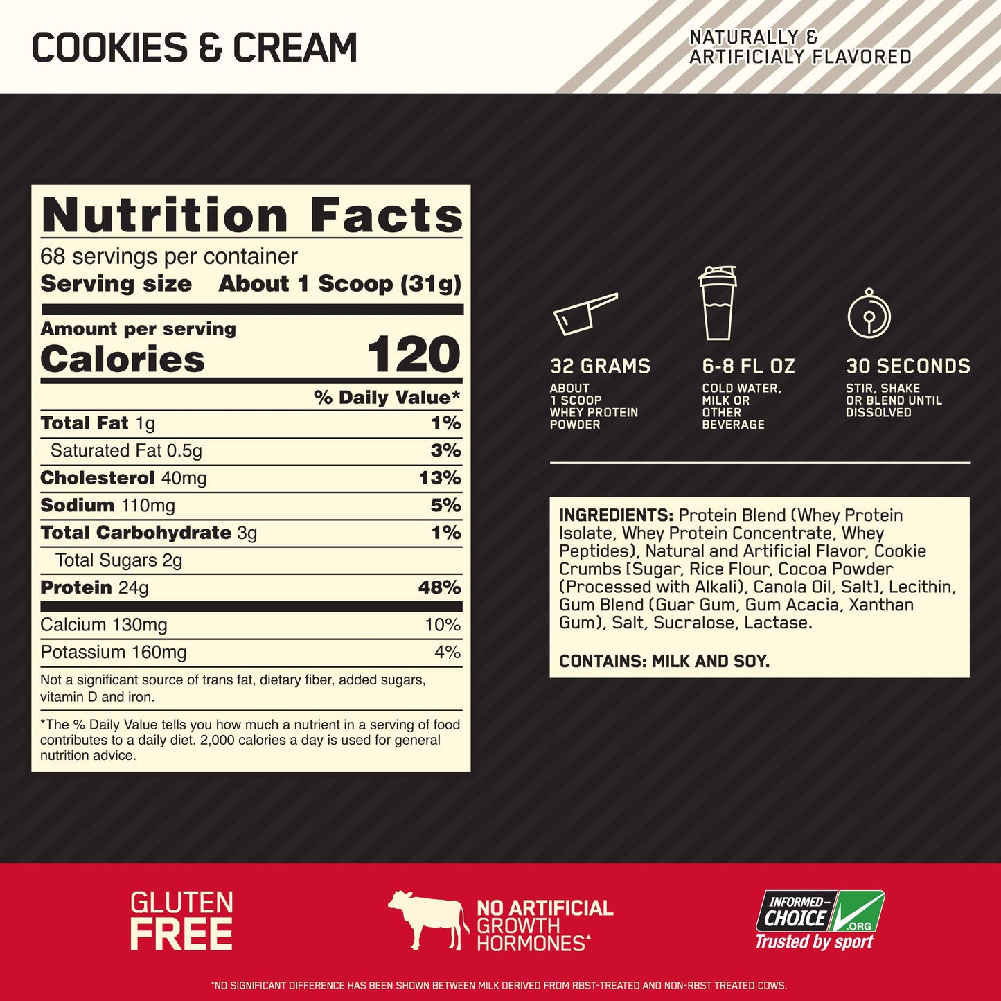 Optimum Nutrition Gold Standard 100% Whey Protein Powder, Cookies and Cream, 4.65 Pound, 5 Count