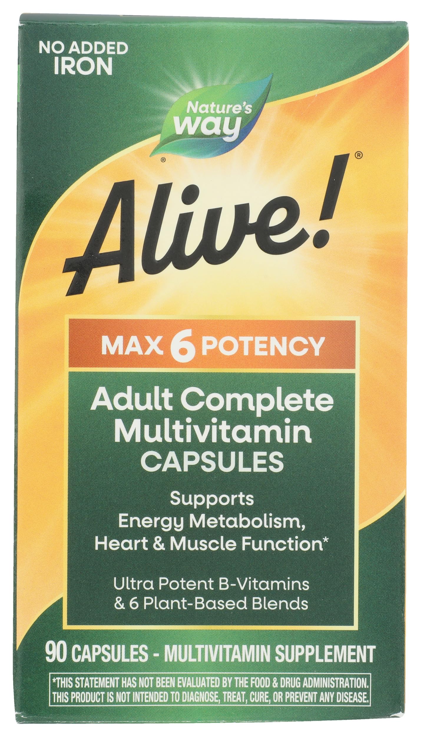 Nature's Way Alive! Max6 Potency Adult Complete Multivitamin, No Iron, 90 Capsules