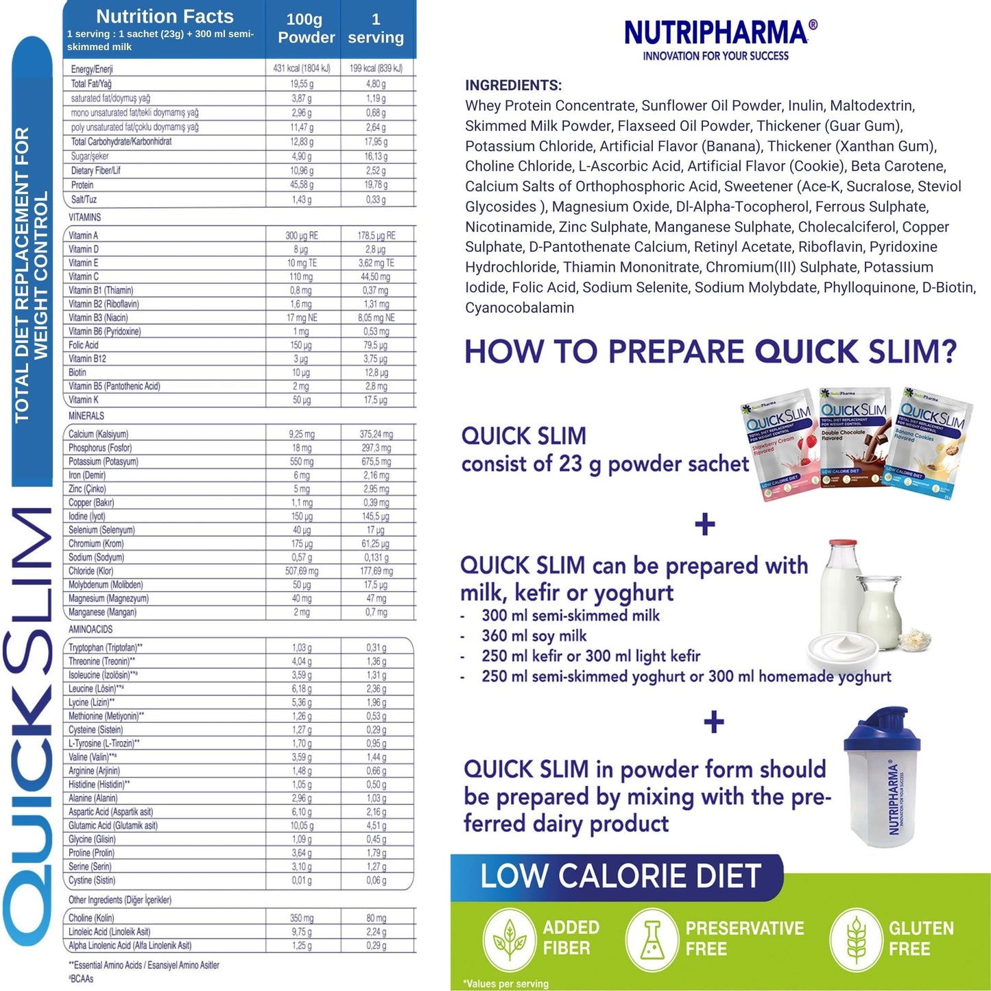 NUTRIPHARMA Quick Slim High Protein Shakes for Weight Loss, Powder, 30 Sachets