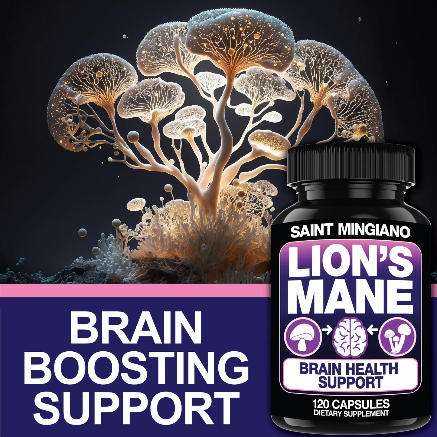 Saint Mingiano Lion's Mane Mushroom Supplement Capsules 120 Count