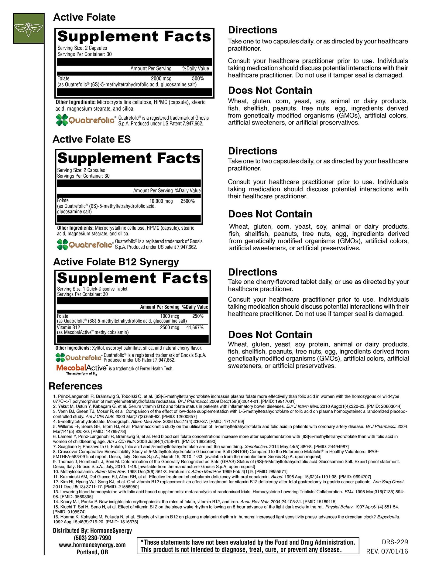 HormoneSynergy Active Folate ES 5-MTHF 10,000 mcg per Serving Bioactive Folate as Quatrefolic Capsule, 60 Veg Caps