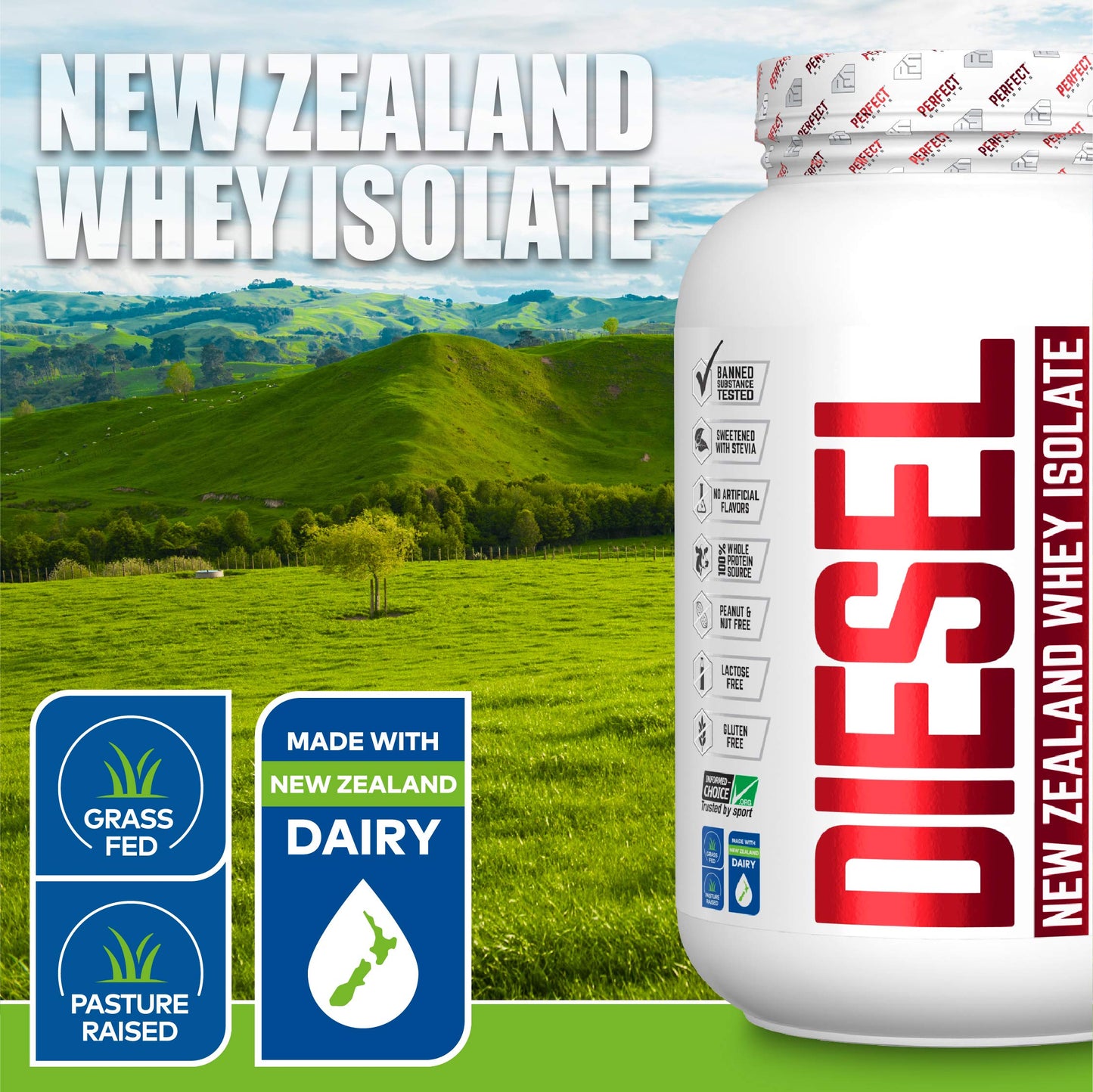PERFECT SPORTS Diesel 100% New Zealand Whey Isolate Powder, Grass-Fed & Pasture Raised, Salted Caramel, 32 Servings