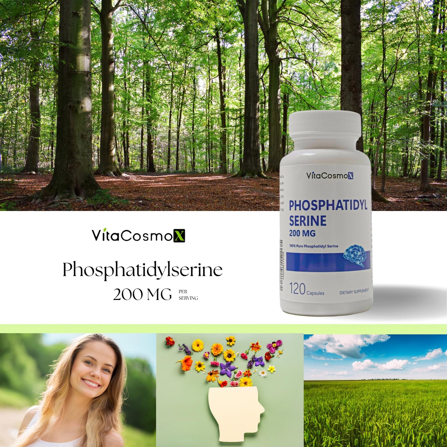 VitaCosmoX Phosphatidylserine, 200 mg Veggie Capsules, 120 Count