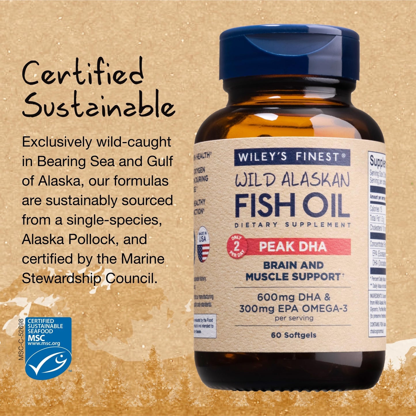 Wiley's Finest Wild Alaskan Fish Oil Peak DHA Softgel, 60 Count