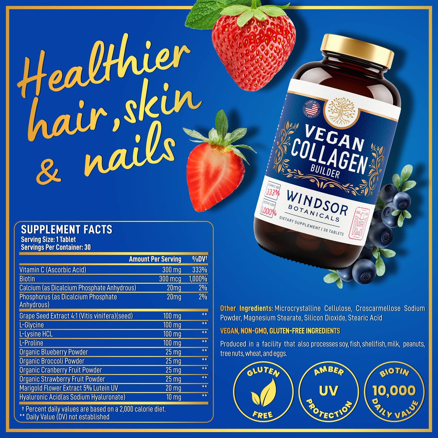 WINDSOR BOTANICALS Vegan Collagen for Women and Men Supplements Tablet 30 Count