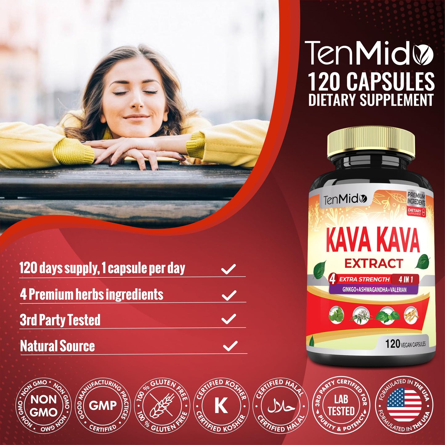 Tenmido Kava Kava Supplement Extract, 120 Capsules