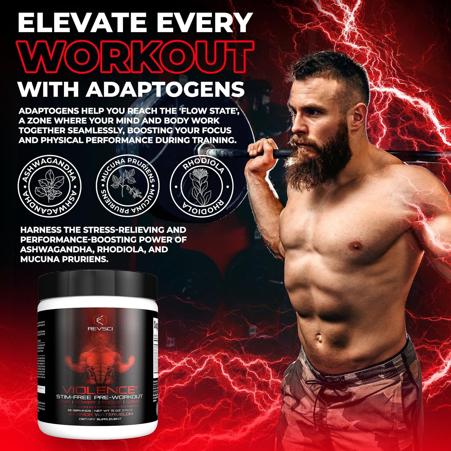 Revolution Science Violence Stim Free Pre Workout Powder, Clinically Dosed Powder, 15