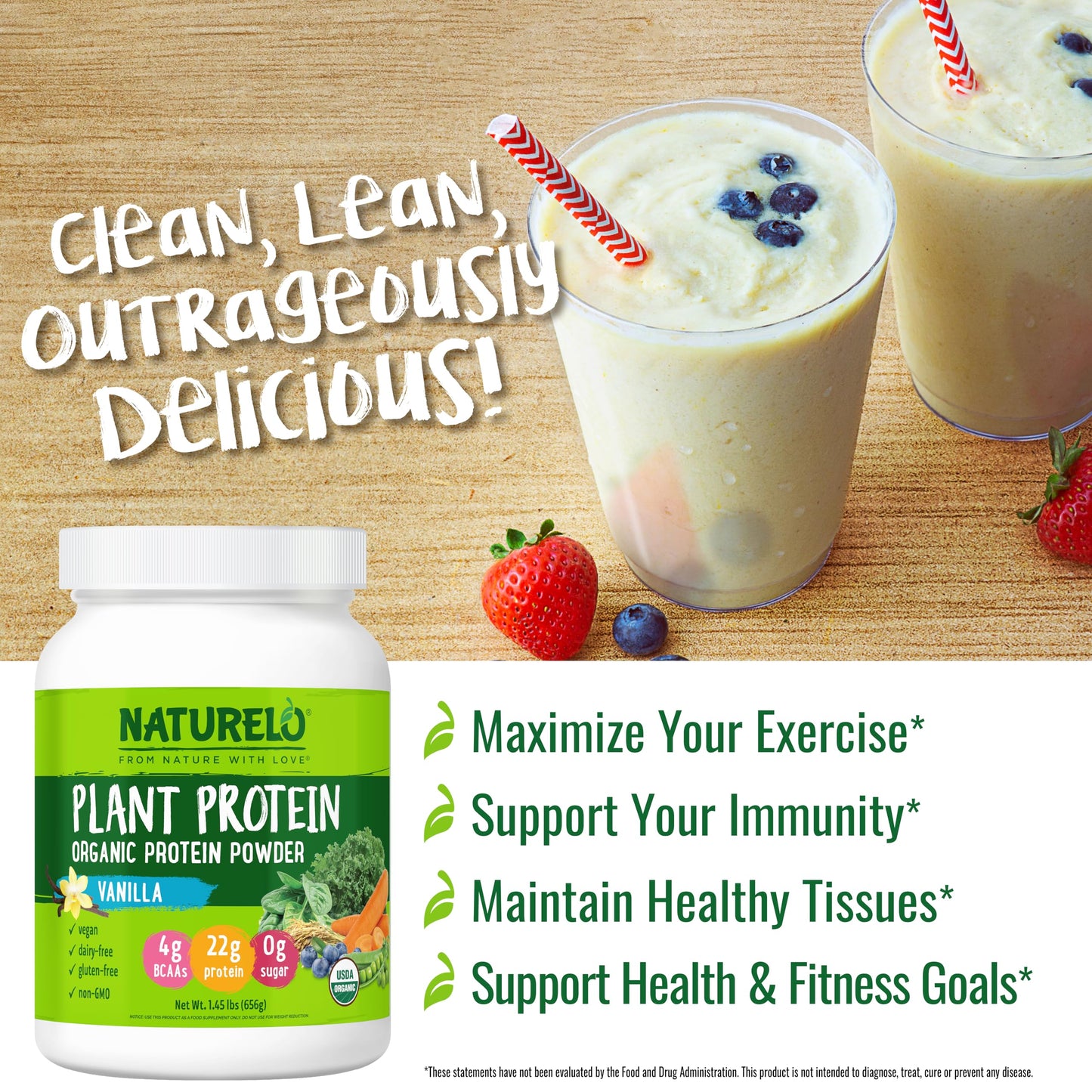 NATURELO Plant Protein Powder Vanilla 1.45 lb