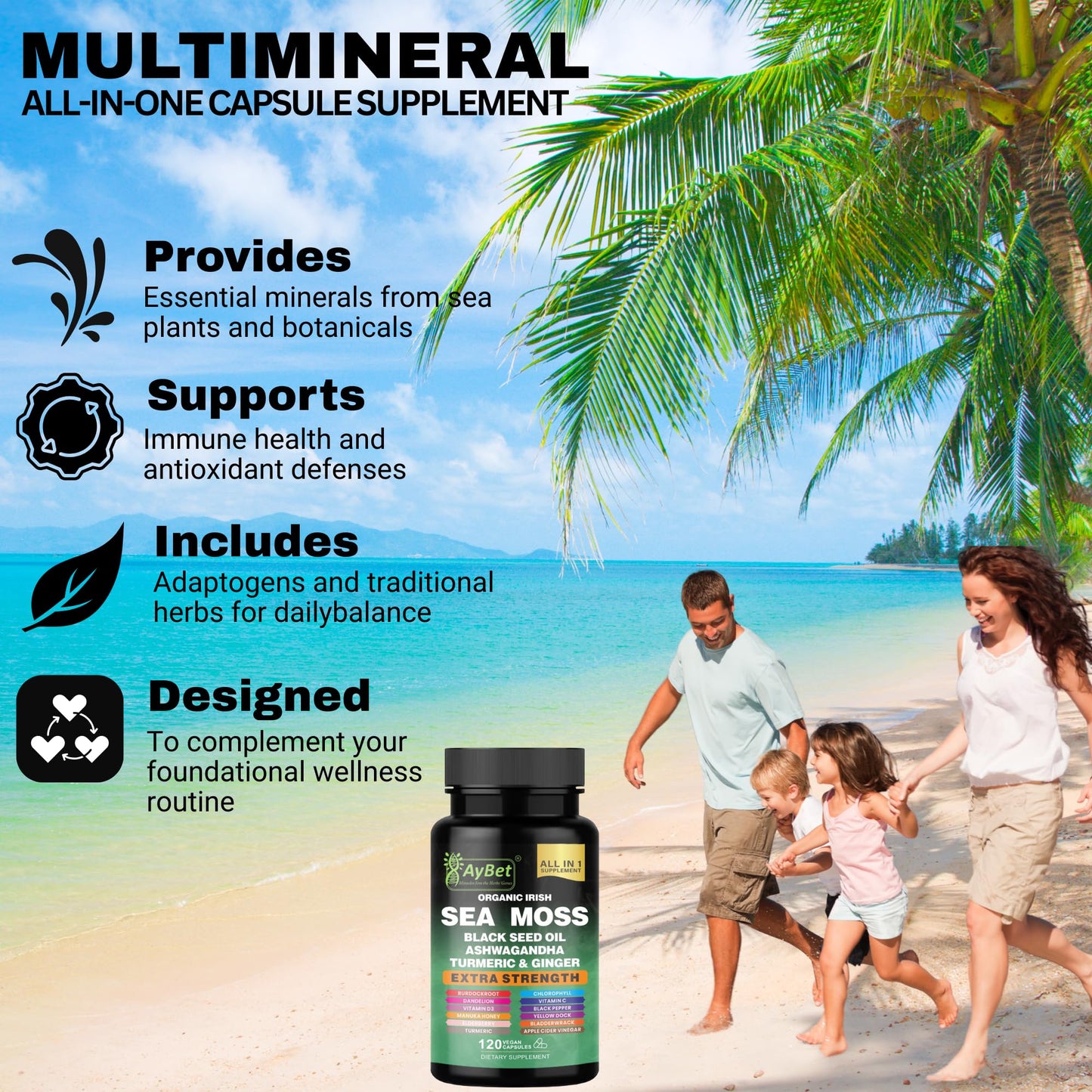 AyBet Organic Irish Sea Moss Capsules 120 Count – 16 in 1 Sea Moss Supplement with Black Seed Oil, Ashwagandha, Turmeric & Ginger, Bladderwrack & Burdock Root, Vitamin D3 – Organic, Vegan, Halal, Non-GMO