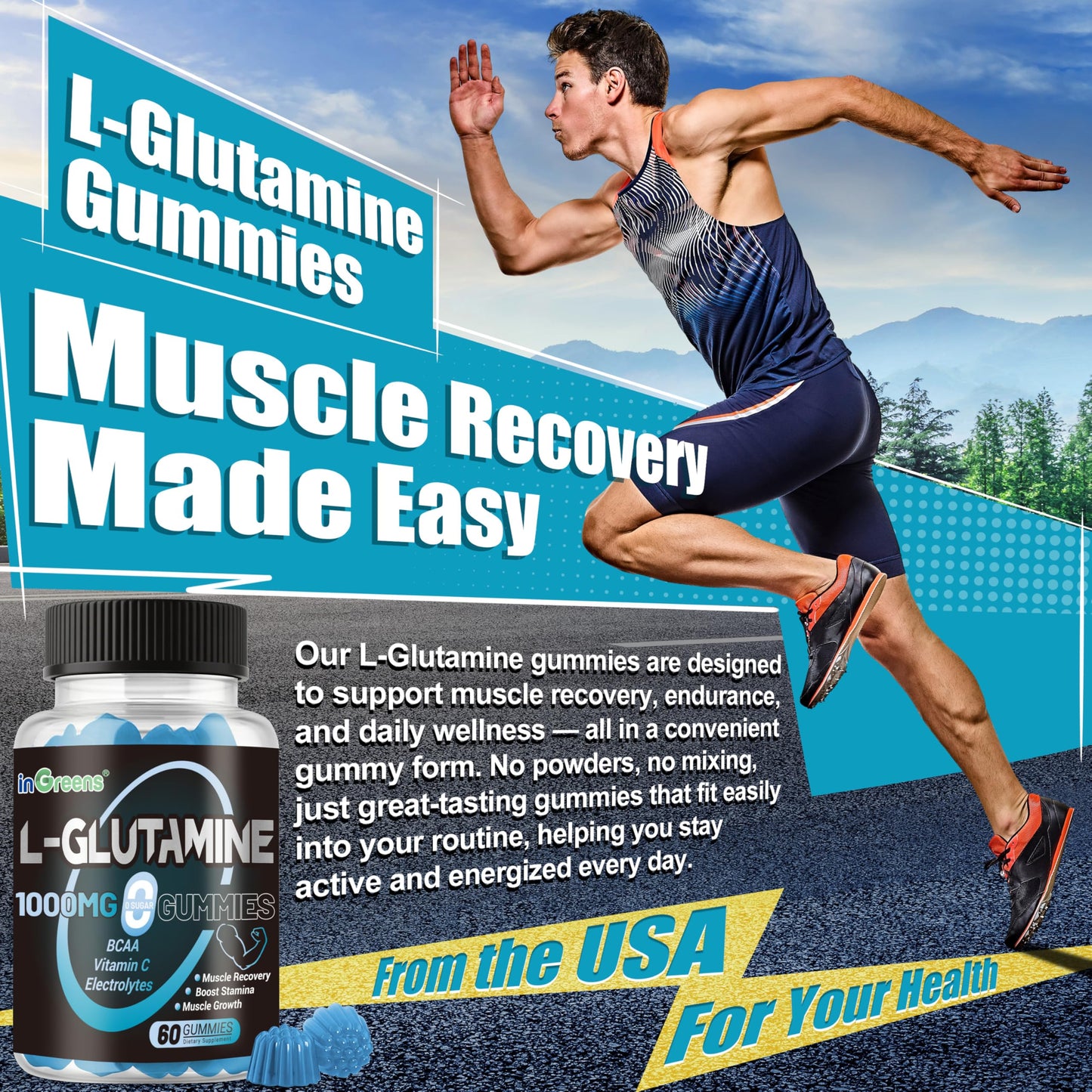 inGreens L-Glutamine Gummies 1000mg with BCAA, Potassium, Magnesium & Vitamin C, Muscle Recovery, Endurance Support & Daily Nutrition, Portable Supplement for Men and Women, Lime Grapefruit Flavor, 240 Gummies