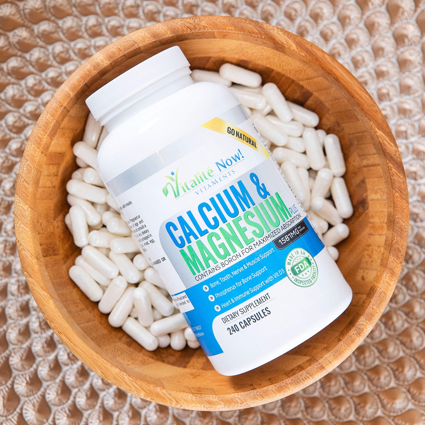 Vitalité Now! Calcium Magnesium Supplement with Vitamin D - 10 Forms of Calcium 1000mg for Maximum Absorption - Bone Strength Support with Boron and Phosphorus, 240 Capsules