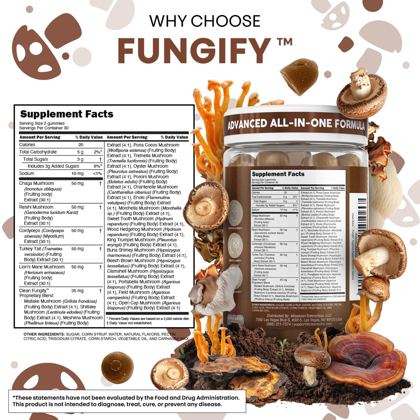 Clean Nutraceuticals Lions Mane Mushroom Gummies with Cordyceps for Memory and Focus Immune Support, 60 Count