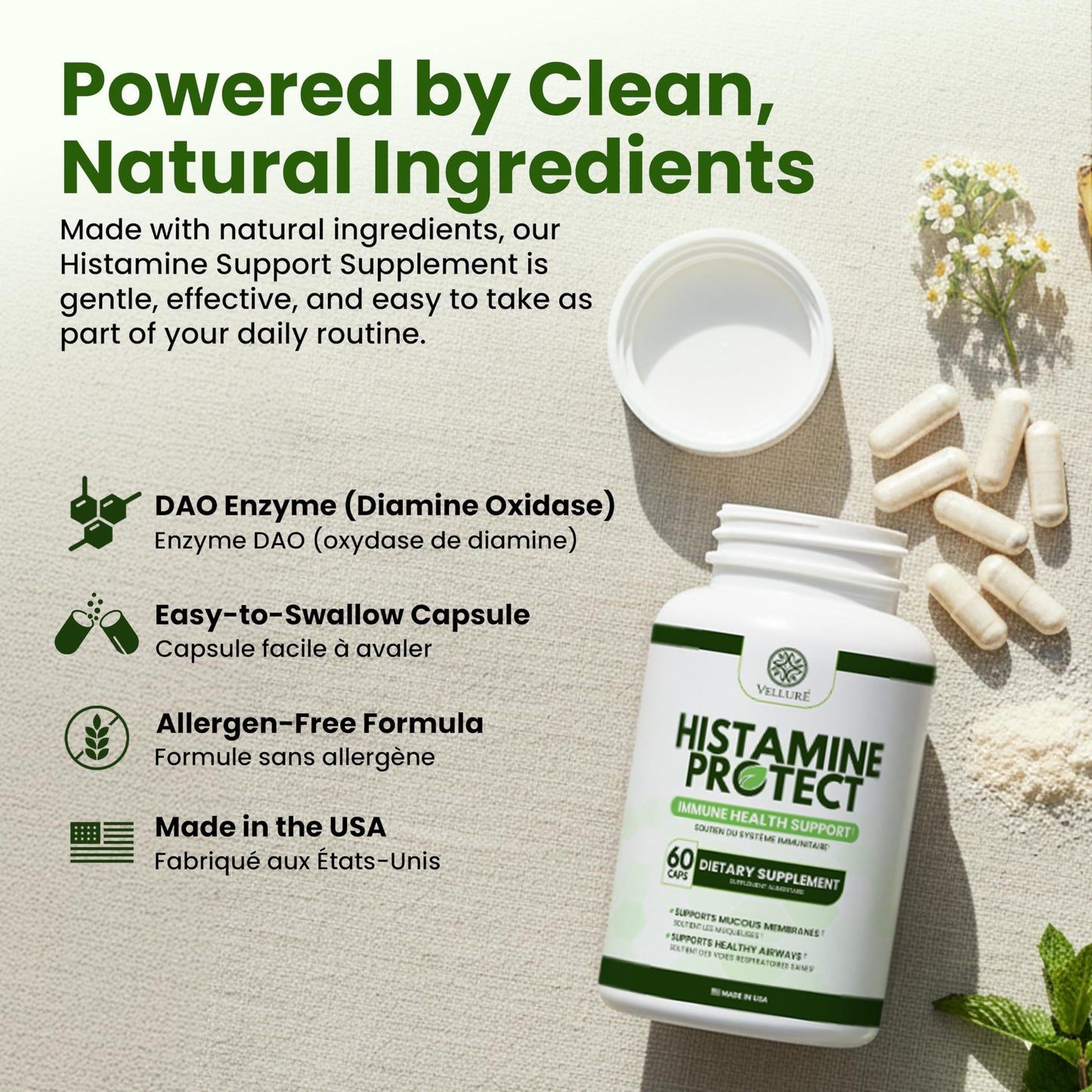 Velluré DAO Enzyme Supplement Histamine Blocker, Diamine Oxidase 30,000 HDU, with Quercetin, Magnesium & Vitamin C, 60 Capsules