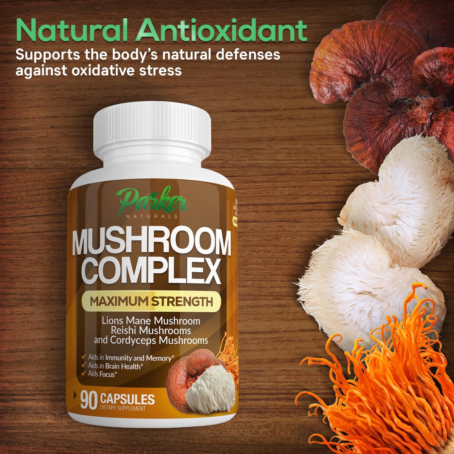 Parker Naturals Mushroom Complex Premium Lions Mane, Cordyceps, and Reishi Mushroom Supplement, 90 Capsules