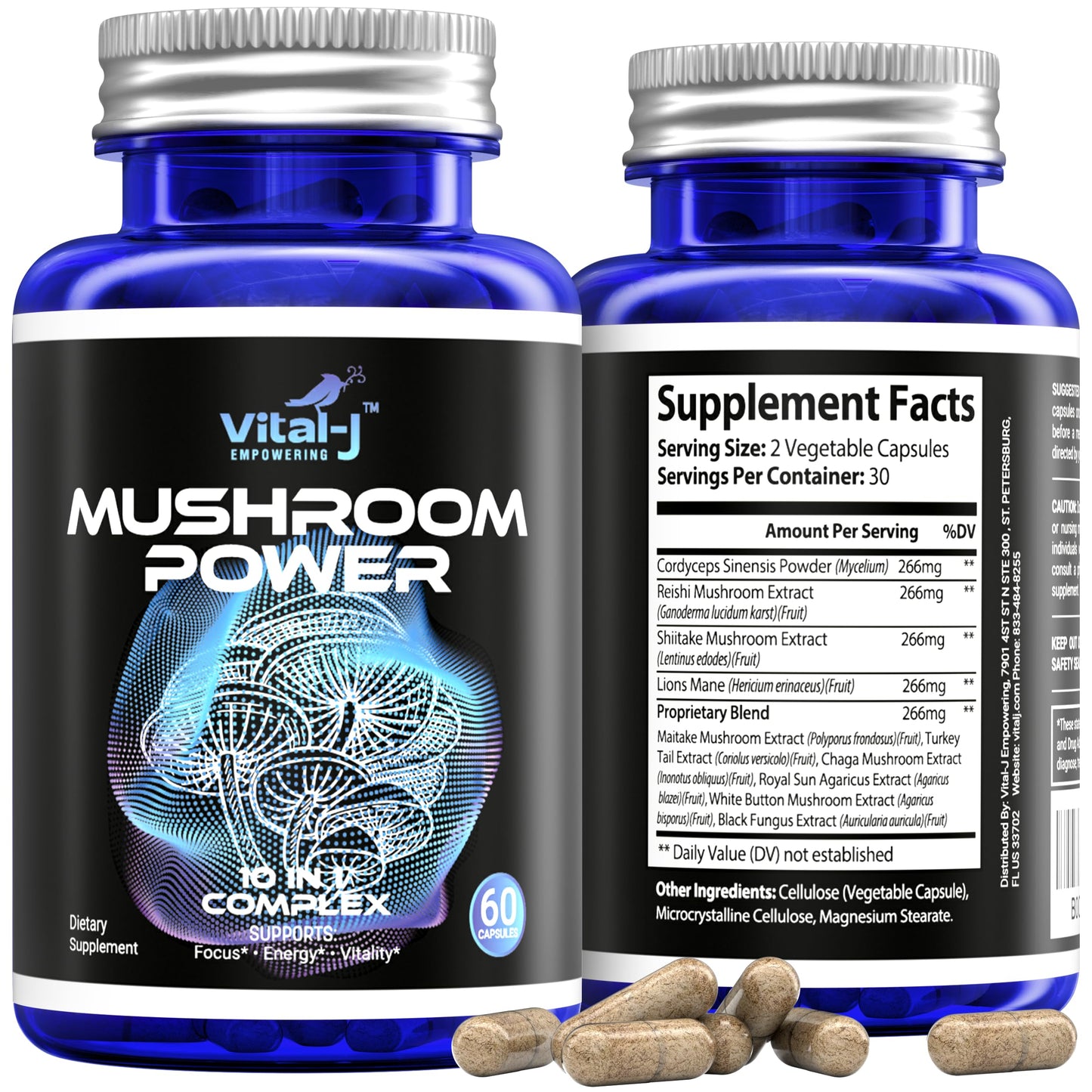 Vital-J Empowering Mushroom Power Complex 10-in-1 W/Cordyceps, Reishi, Shiitake & Lions Mane Nootropic Dietary Supplement for Gut Microbiome, Focus, Energy & Vitality, 60 Capsules