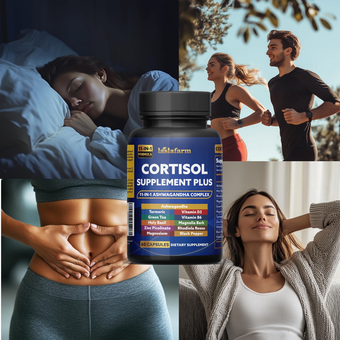 laslafarm 11in1 Cortisol Plus Ashwagandha & Natural Herbal Vitamin Blend Capsule, 60 Count