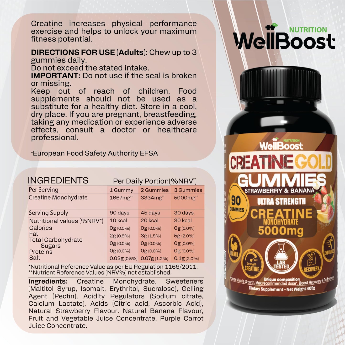 WellBoost Creatine Gold 5000mg Creatine Monohydrate Gummies 90 Count